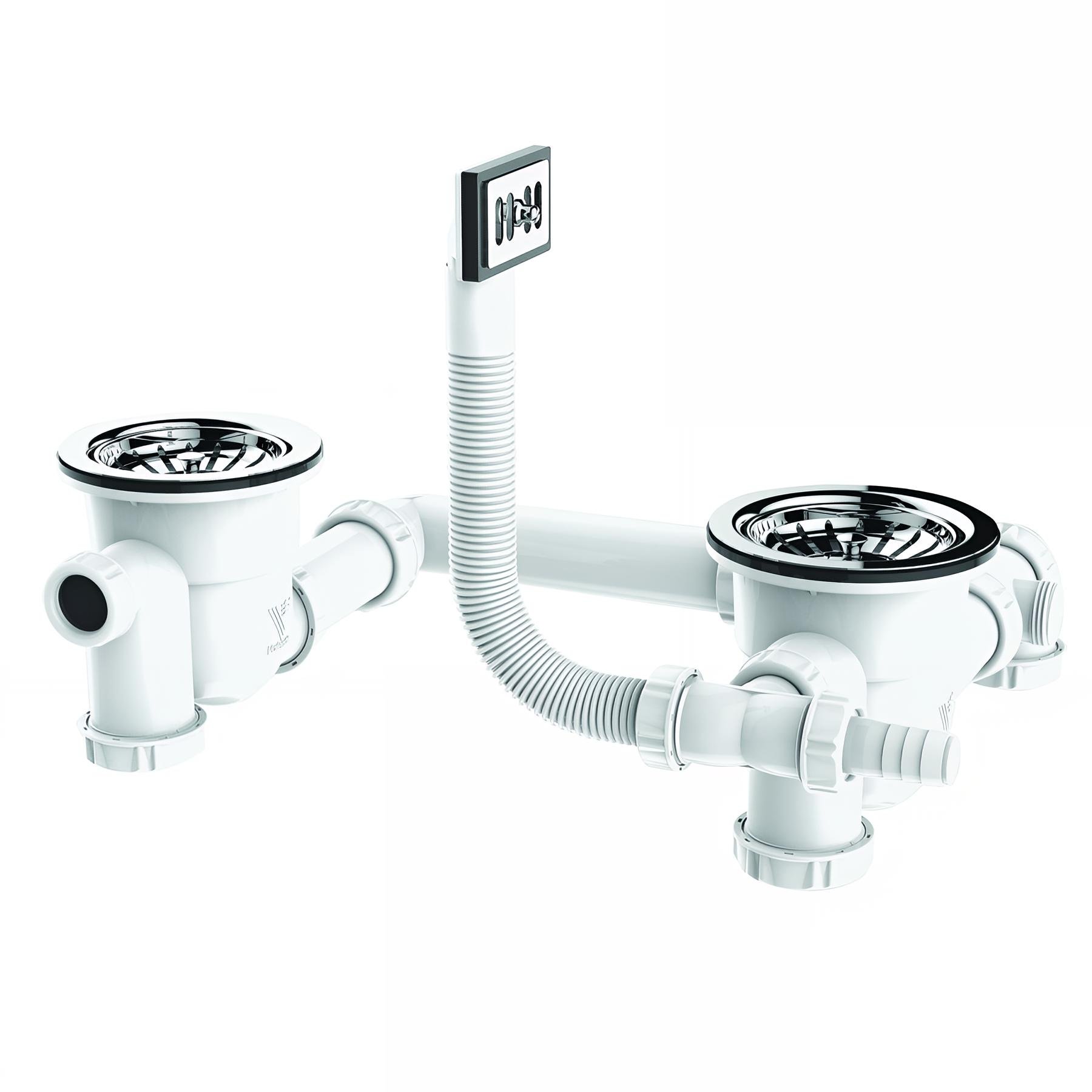 Vidage gain d'espace évier 2 cuves Ø90mm, paniers inox Ø83mm, serrage 0 à 25mm