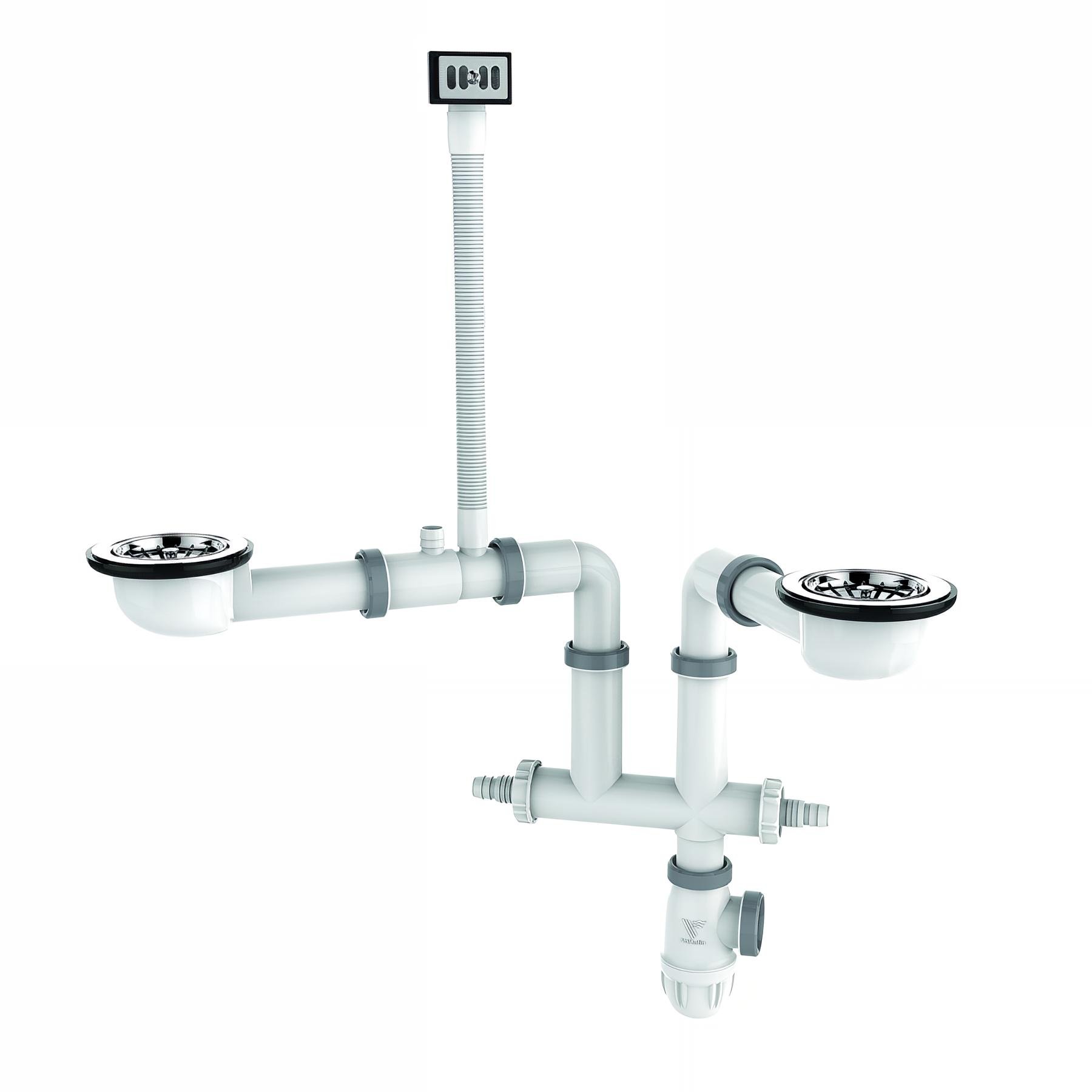 Vidage gain d'espace TBXP, pour évier 2 cuves Ø90mm, H. 65mm, avec trop-plein