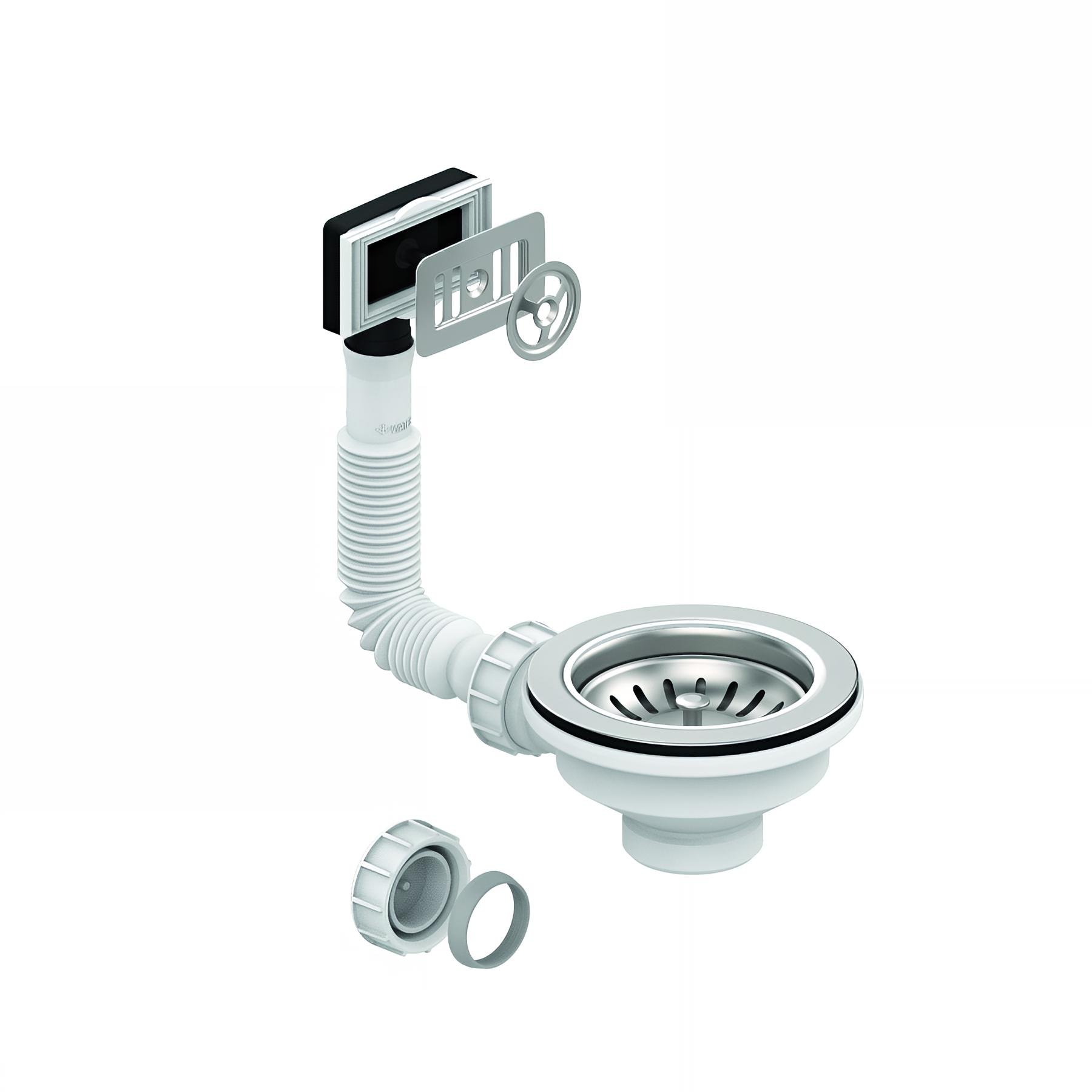 Bonde évier Ø90mm, panier inox, cuvette Ø114, serrage 0 à 13, avec trop-plein