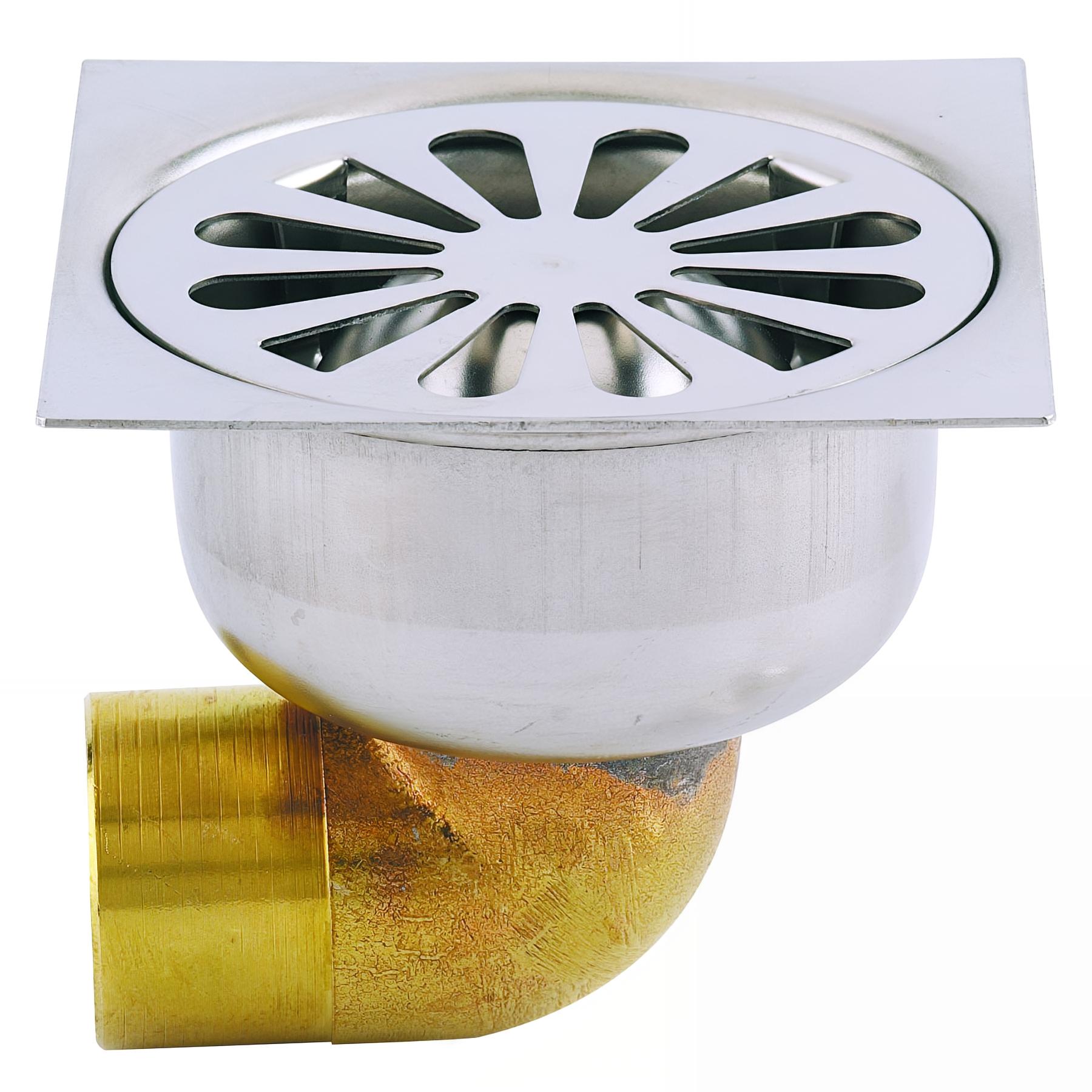 Siphon de sol laiton, grille à cloche inox Ø90mm, sortie coudée Ø40mm à souder