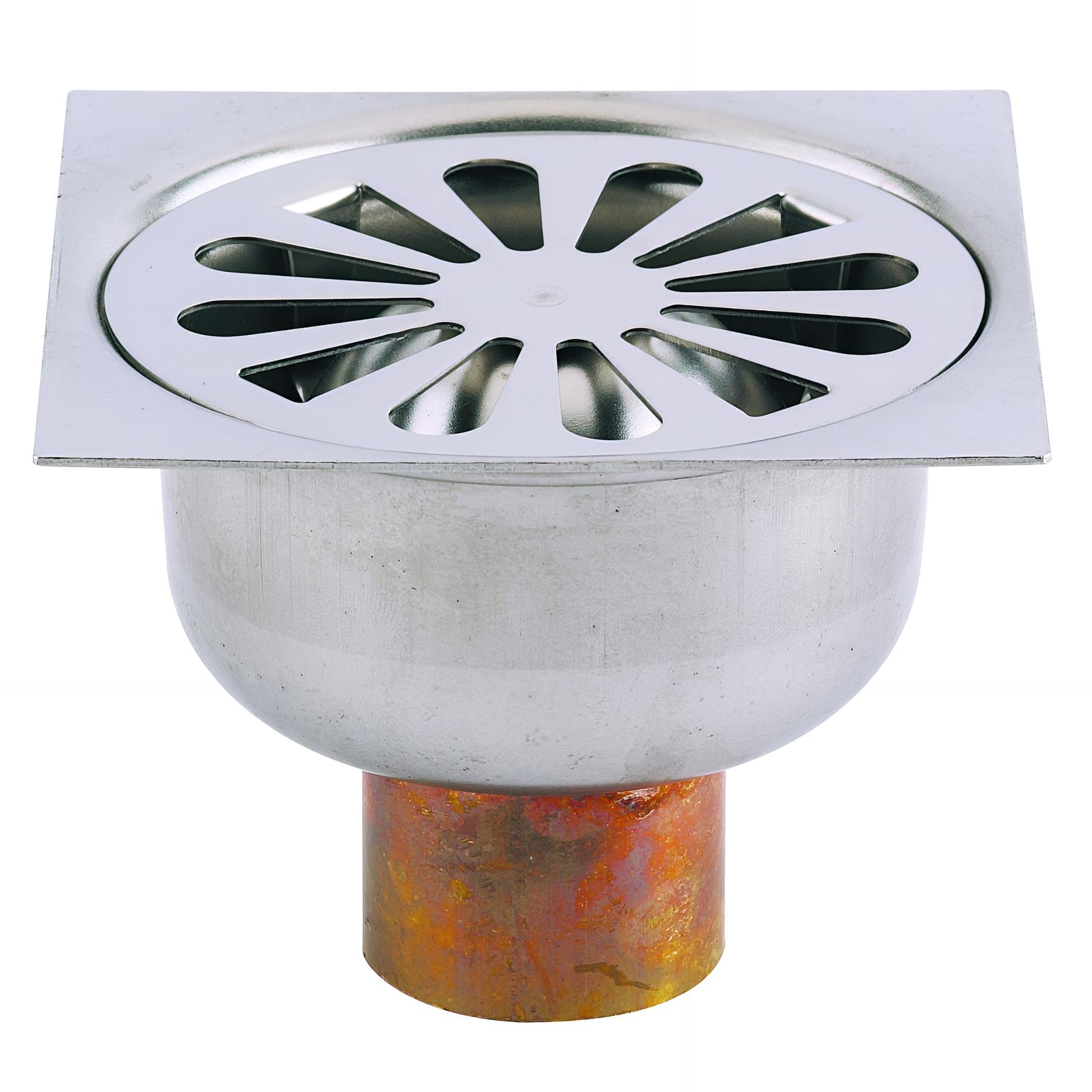 Siphon de sol laiton, grille cloche inox Ø90mm, sortie verticale Ø40mm à souder