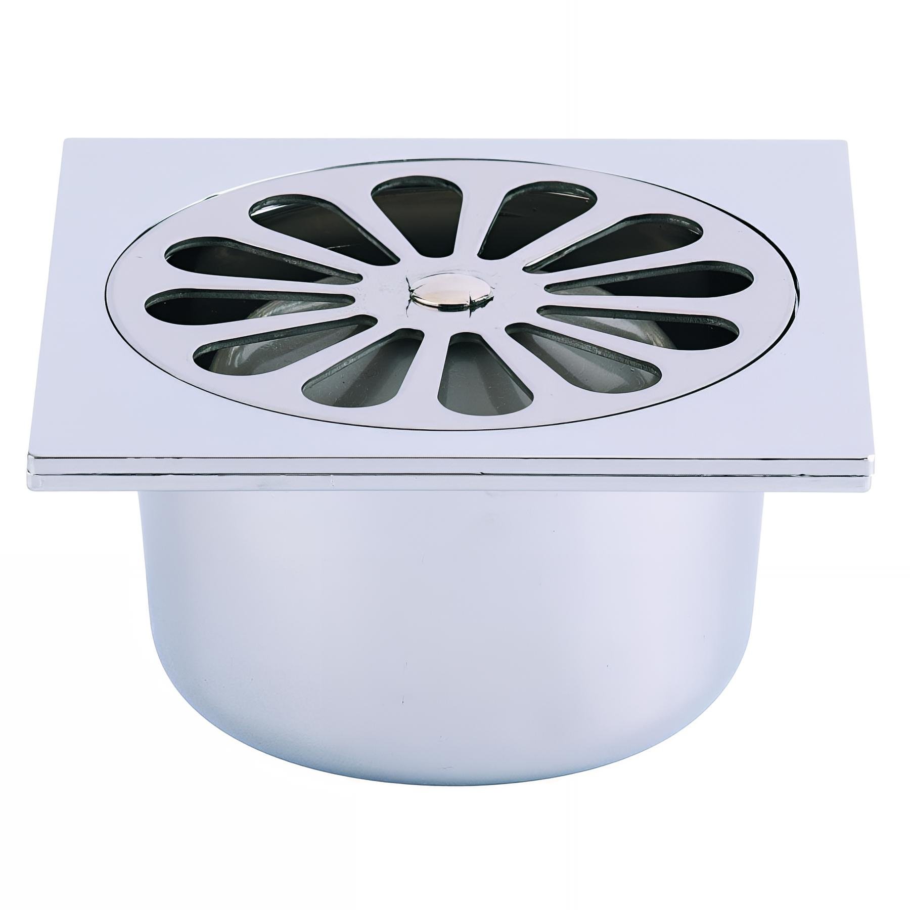 Siphon de sol plastique 100x100,grille cloche inox,sortie verticale Ø40 à coller