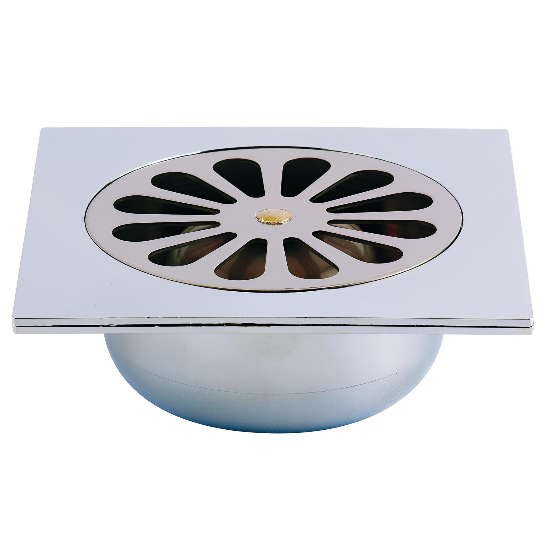 Siphon sol ABS chromé 140x140, grille cloche inox, sortie verticale coller Ø40