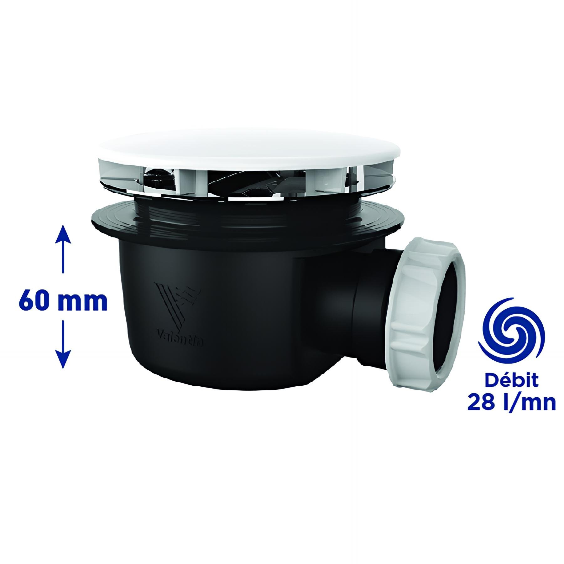 Bonde extra-plate receveur Ø90mm,MINIME, capot ABS blanc Ø116mm, H. 60mm