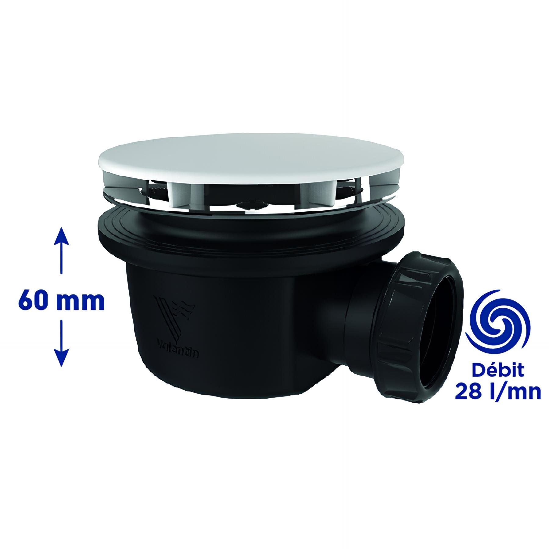 Bonde douche extra-plate NF Ø90mm, MINIME, capot ABS blanc mat Ø116mm, H. 60mm