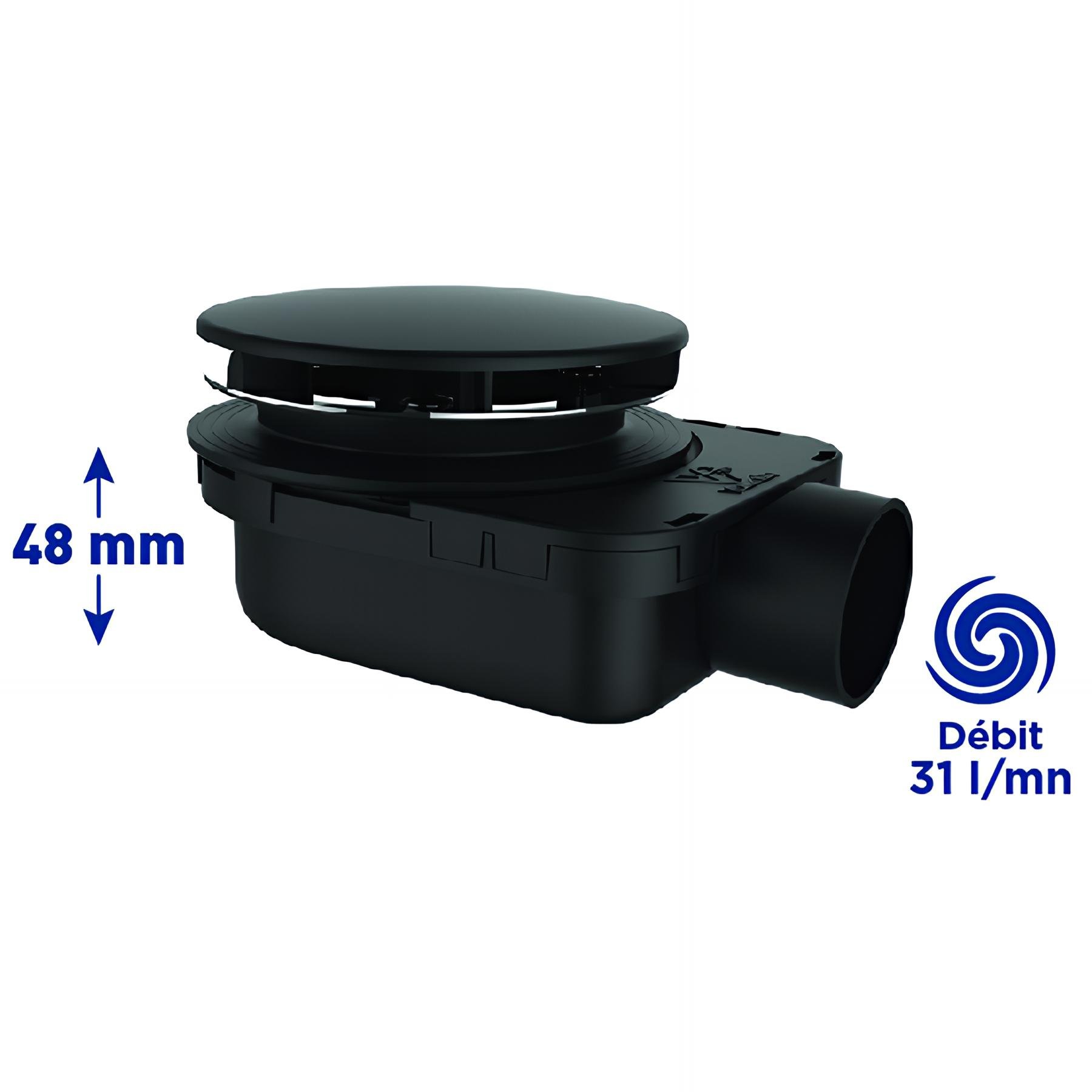 Bonde ultra-plate receveur Ø90mm, SMART, capot ABS noir mat, H. 48mm, à coller