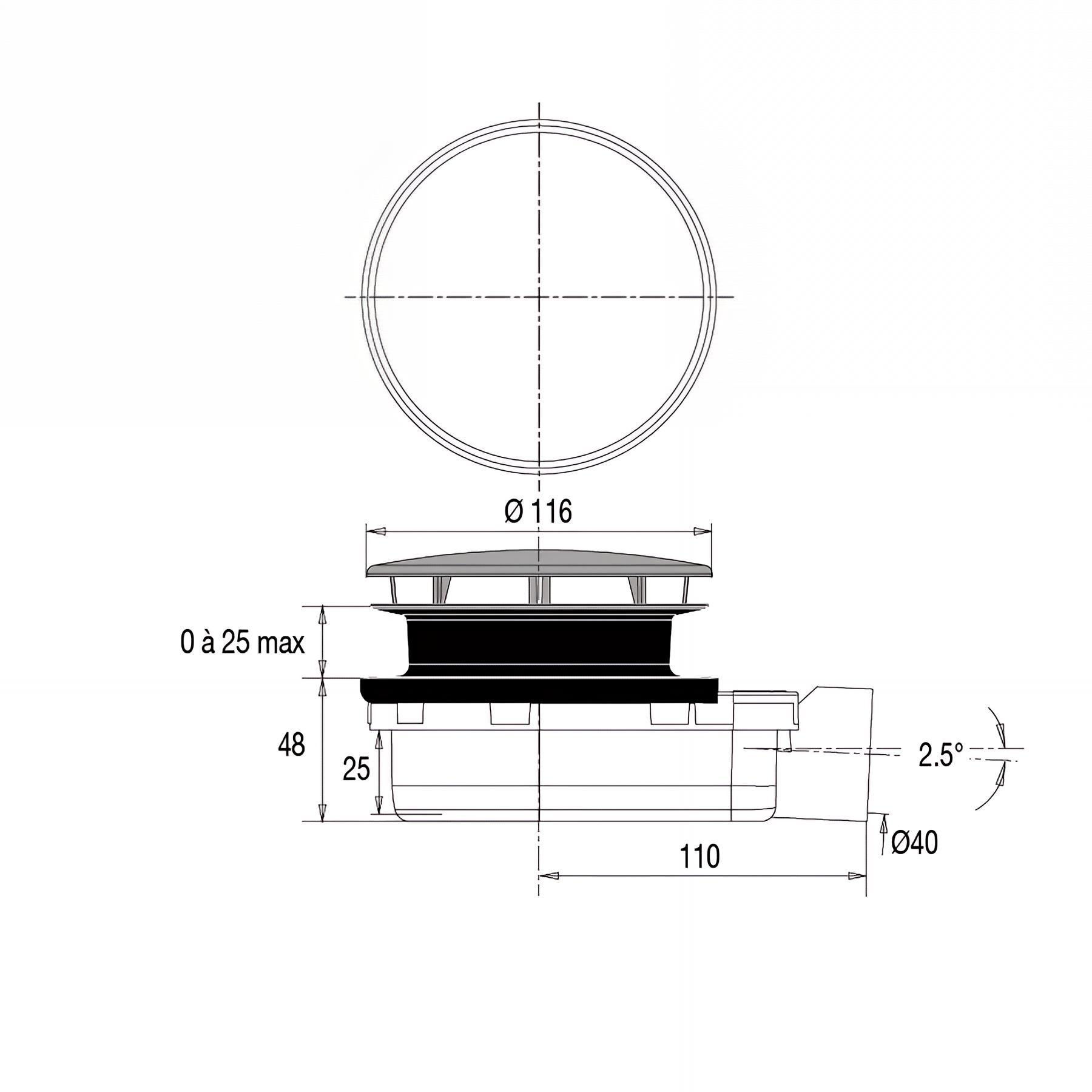 Bonde ultra-plate receveur Ø90mm, SMART, capot métal chromé, H. 48mm, à coller