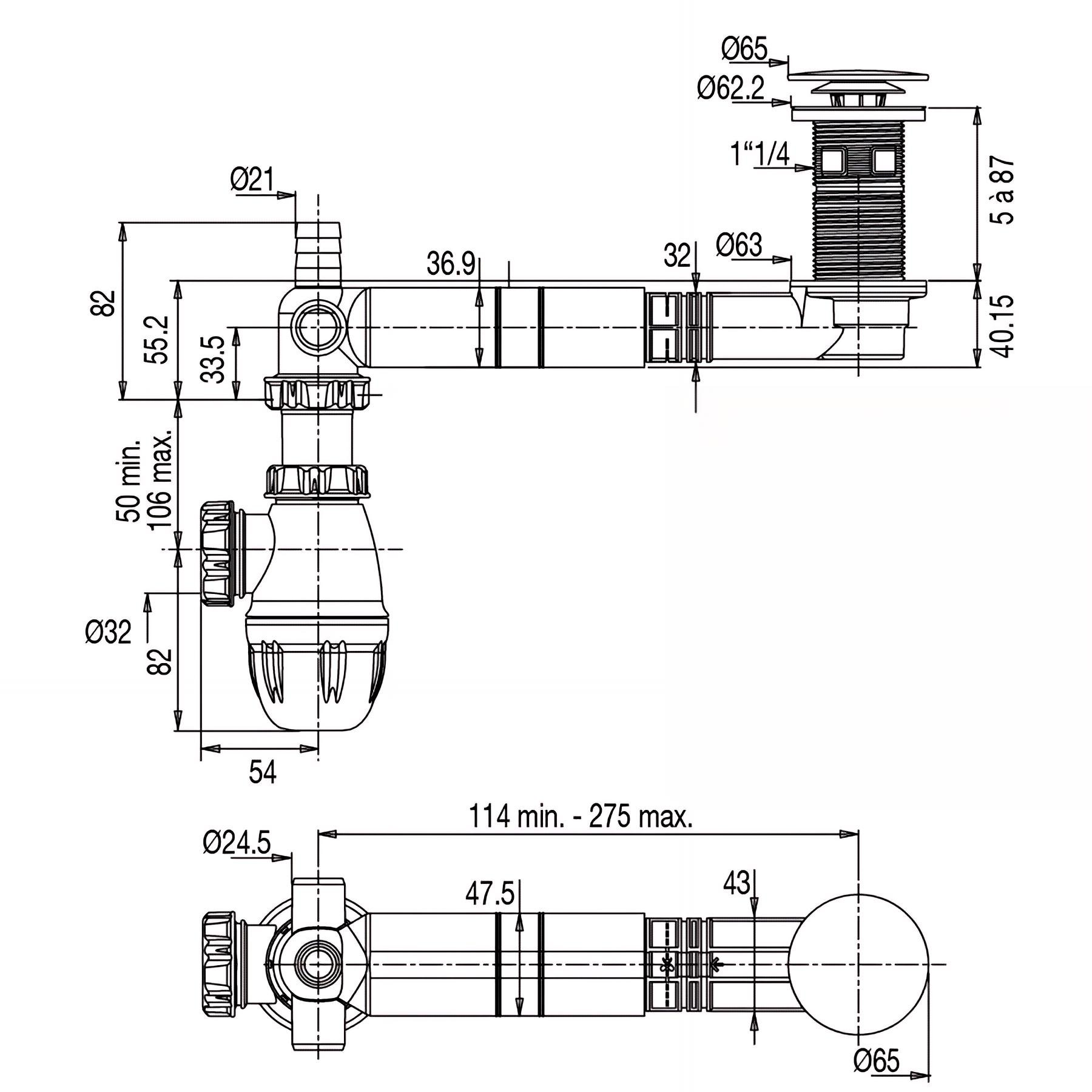 Equipement complet TBXP lavabo, extra-plat et réglable, ABS sertI inox,siphon NF
