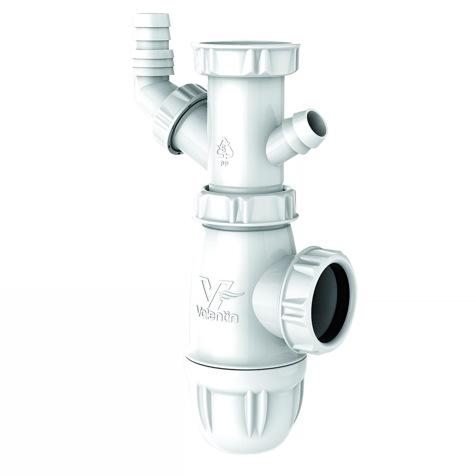 Siphon évier, H. réglable 115 à 140mm, prises machine ou trop-plein