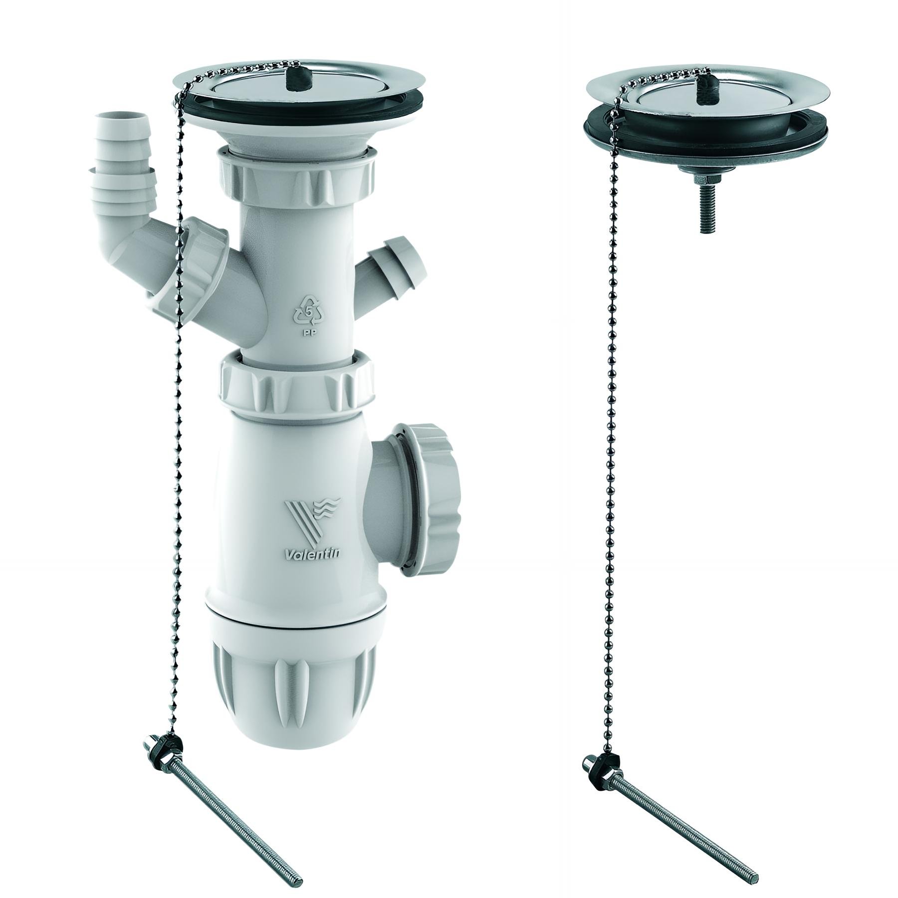 Equipement évier 2 cuves communicantes Ø60mm, bouchon inox, serrage 13 à 70