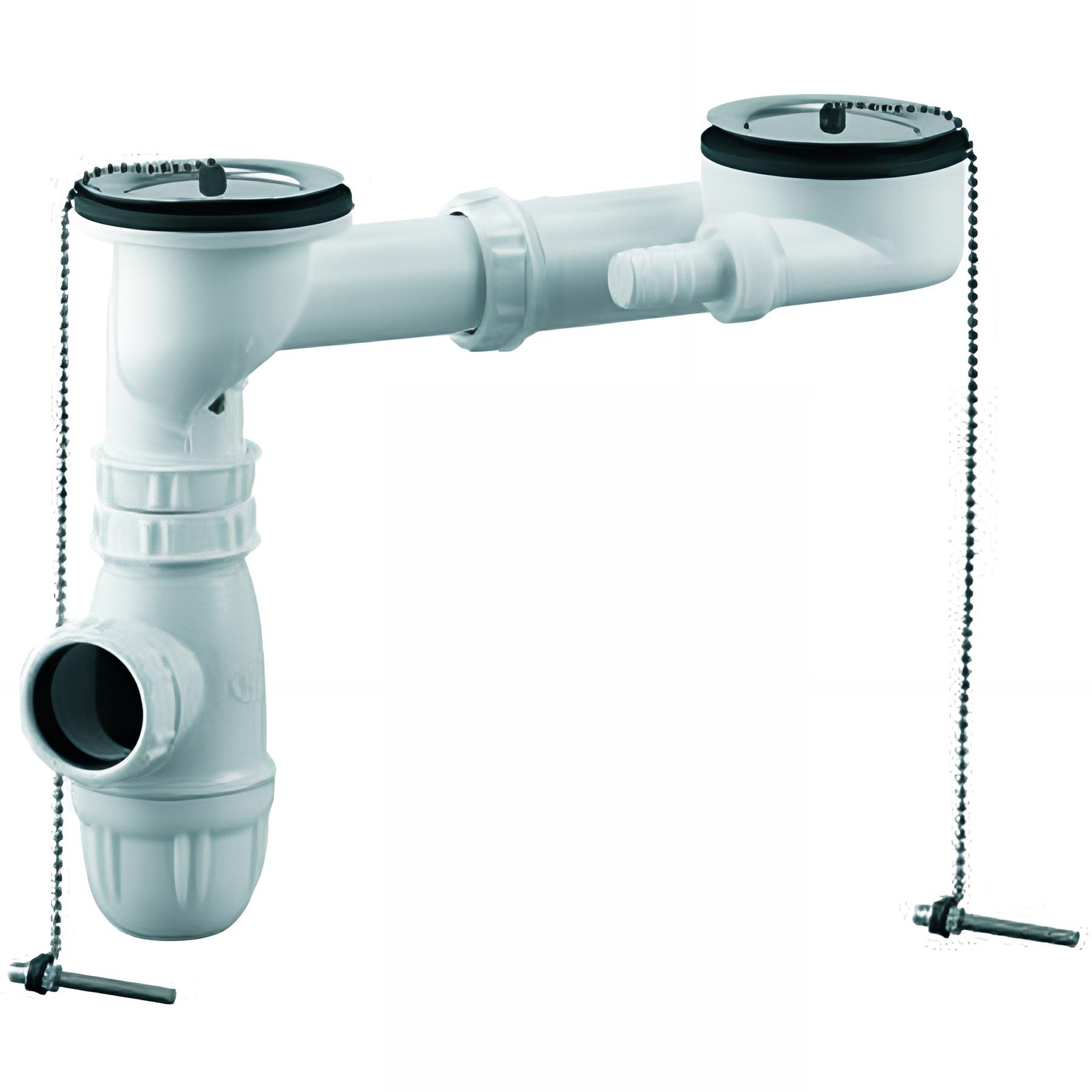 Equipement évier 2 cuves Ø60 TP incorporé,bouchons inox Ø57,5,serrage 0 à 55