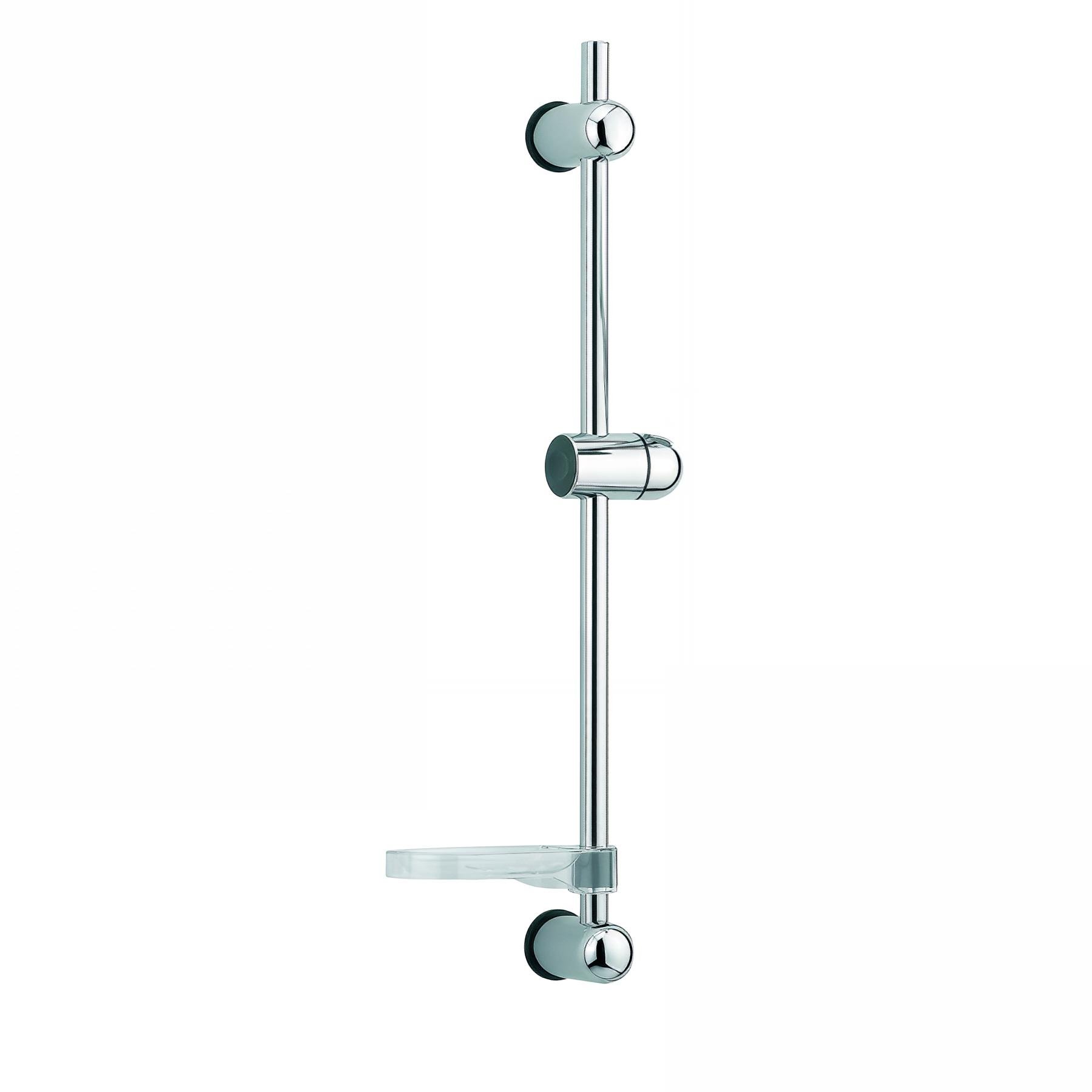 Barre de douche inox Ø18x600mm, curseur ABS, pieds réglables, cale, porte-savon