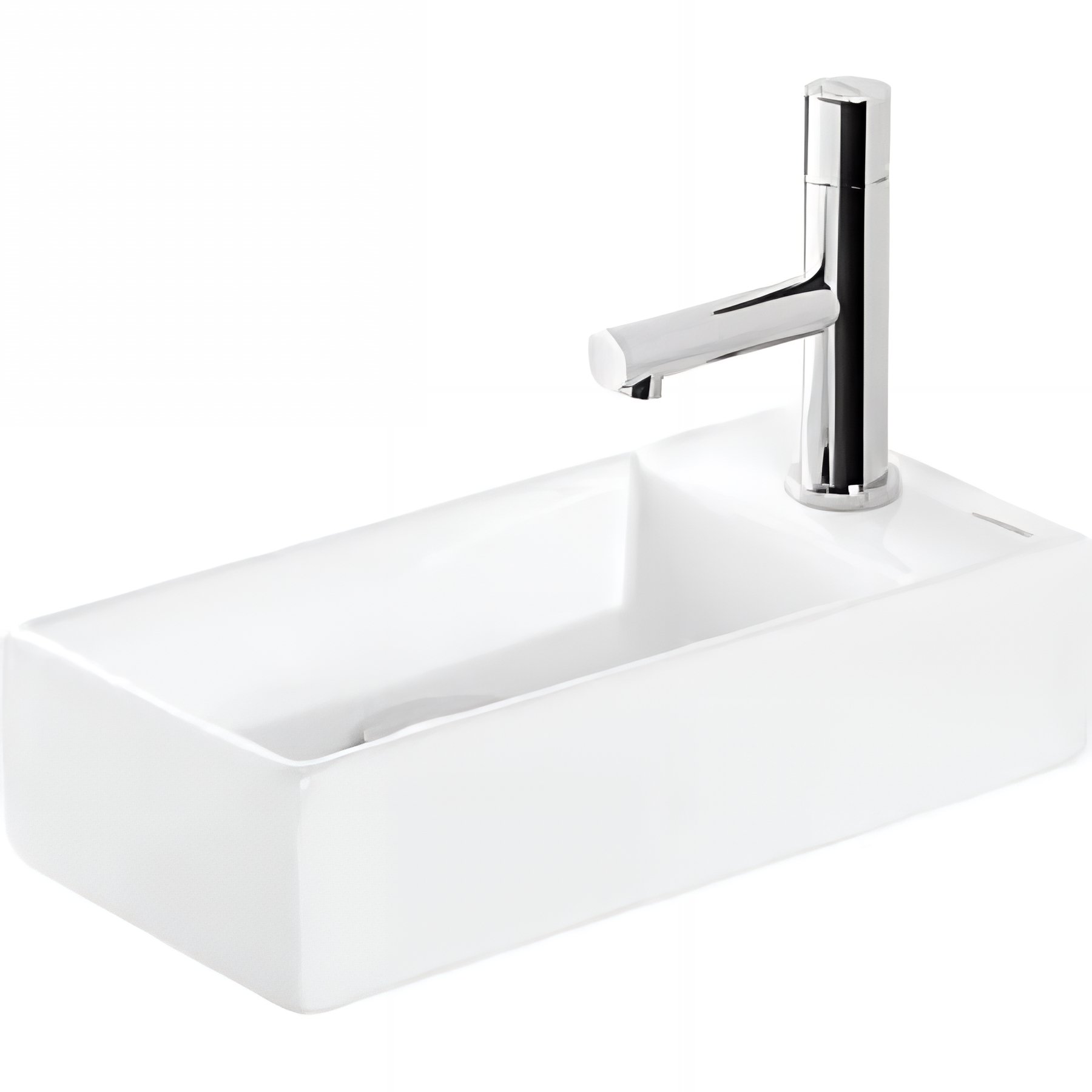 Lave-mains mural compact porcelaine vitrifiée SANINDUSA Note blanc cuve à gauche 36x18 avec trou robinet (mitigeur et vidage non inclus)