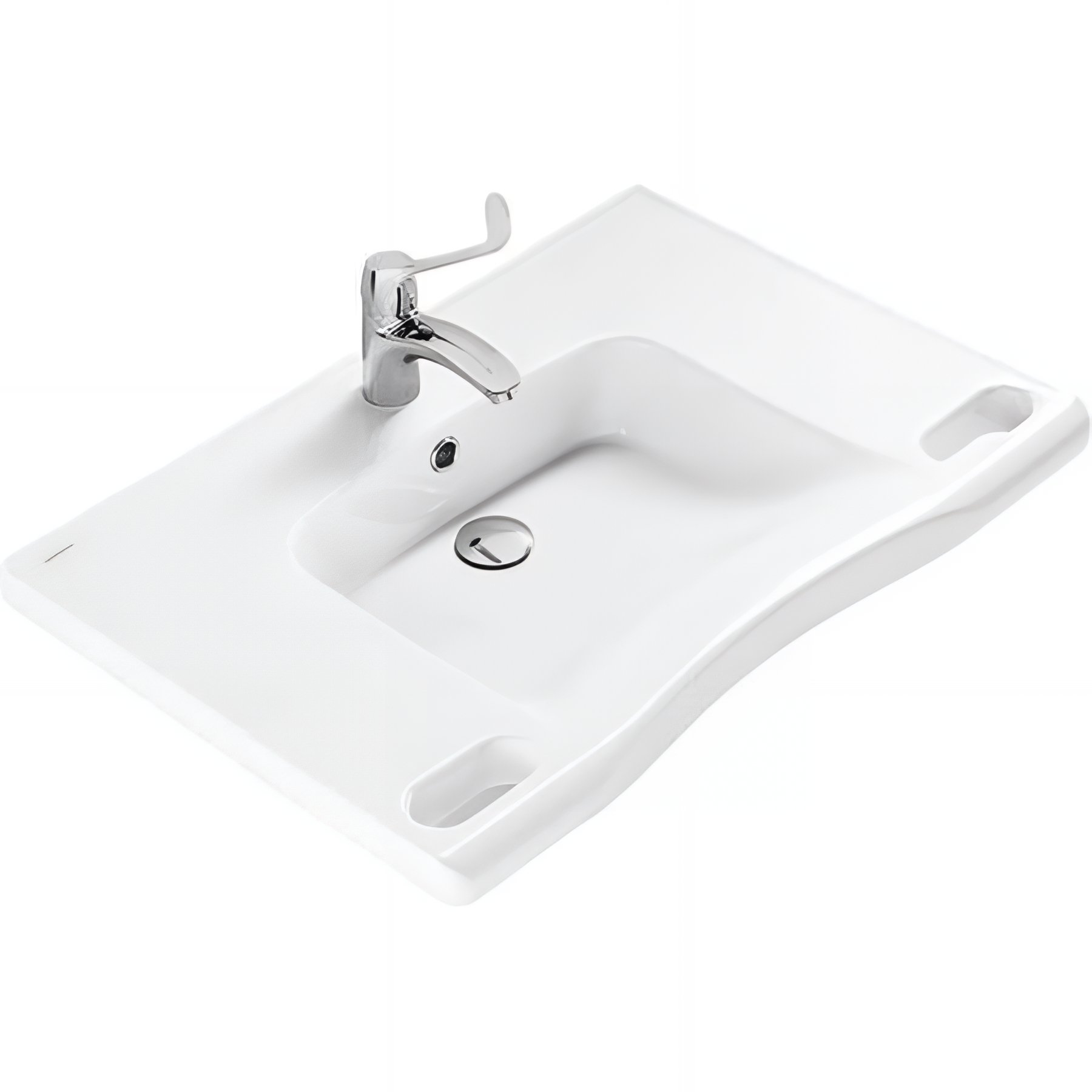 Lavabo mural PMR extra plat galbé normes handicapé porcelaine vitrifée SANINDUSA NewWCCare 76x52 blanc avec trop plein