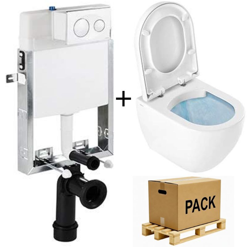 Pack WC suspendu SANINDUSA Rimflush 50 Sanibold+Bâti support 3-6L+plaque grise mate+Abattant WC frein de chute