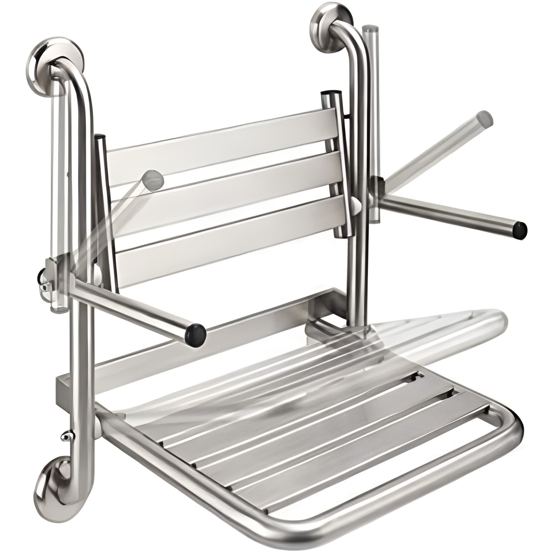 Siège de douche mural pliant rabattable tout inox charge 120kg SANINDUSA NewWccare maintient dos et accoudoirs