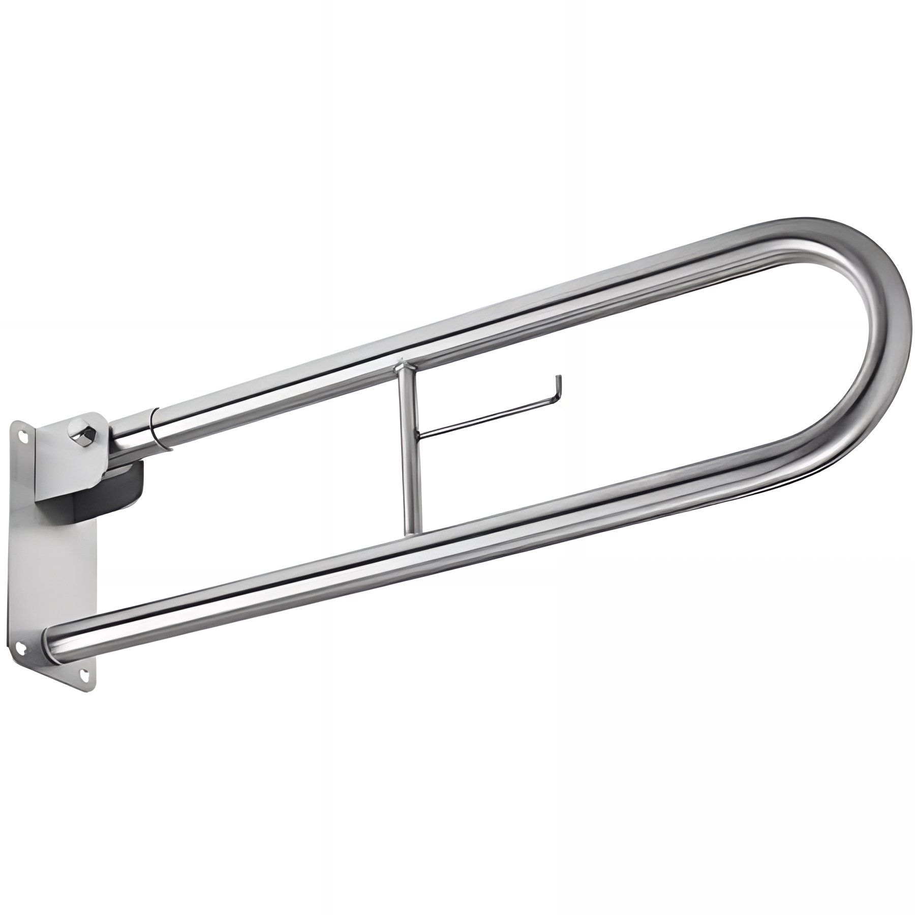 Barre d´appui et relèvement WC murale en U rabattable avec porte papier toilette PMR normes handicapé SANINDUSA NewWCCare 80 inox brossé