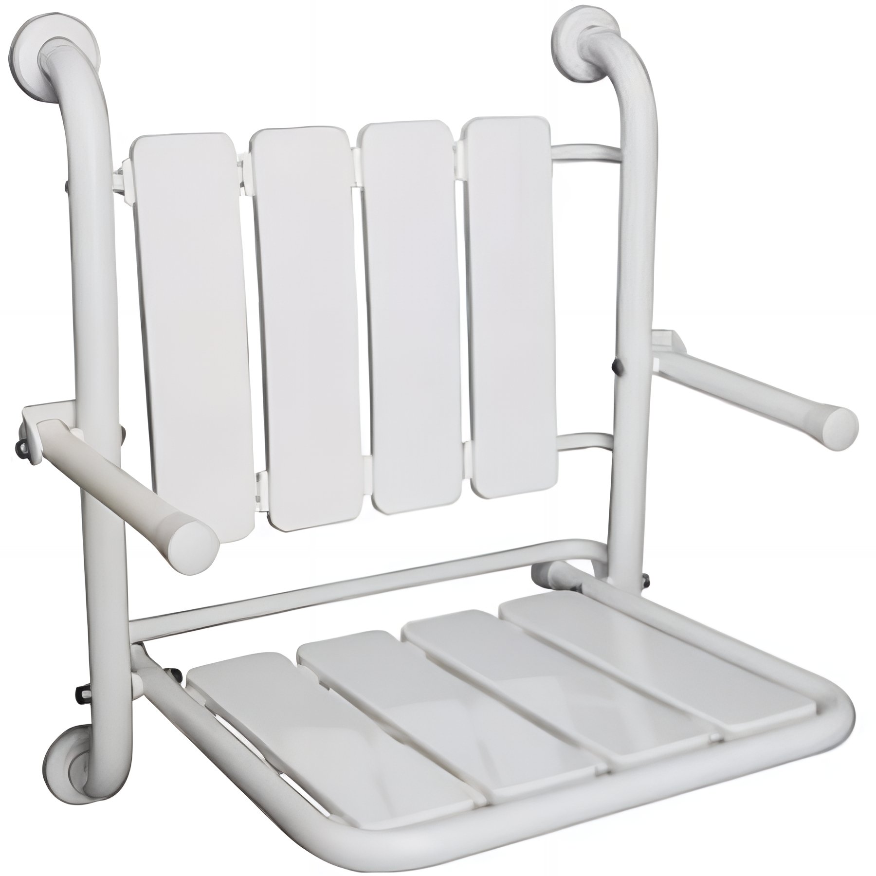 Siège de douche mural pliant rabattable charge 120kg SANINDUSA NewWccare maintient dos et accoudoirs blanc