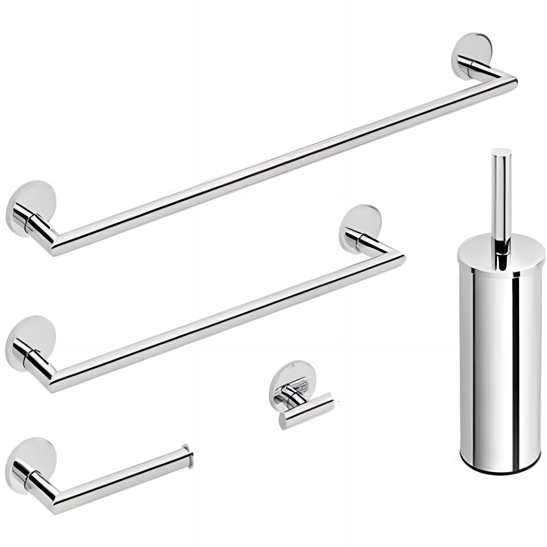 Pack accessoires haute qualité pour salle de bain et WC chromé 5 pièces (livré en coffret bois)