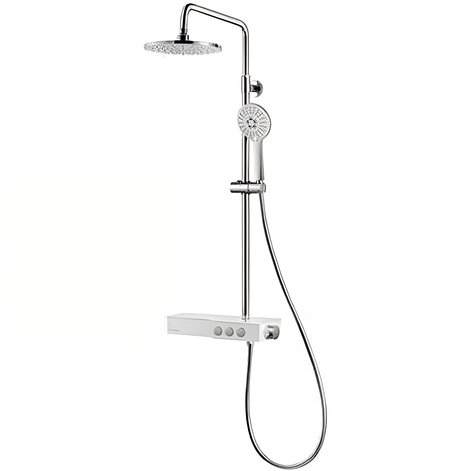 Colonne de douche murale télescopique pommeau haut pivotant douchette 4 jets et bec pour pieds système de clic Easy Touch Plus SANINDUSA chromé