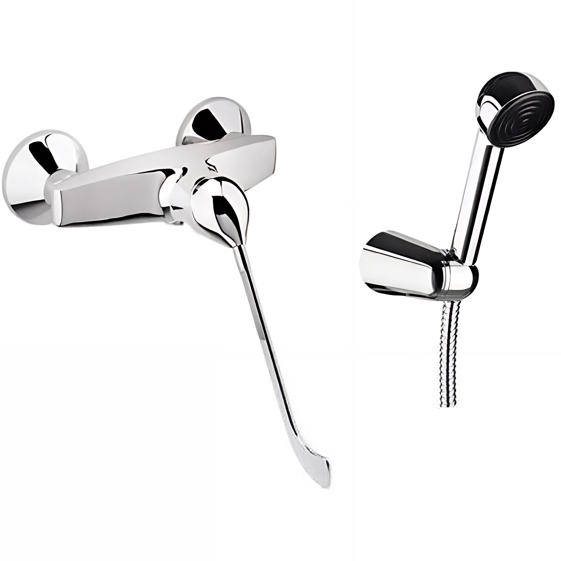 Pack mitigeur de douche mural commande allongée PMR conforme normes handicapé SANINDUSA Easy chromé livré avec flexible douchette Mixa et support