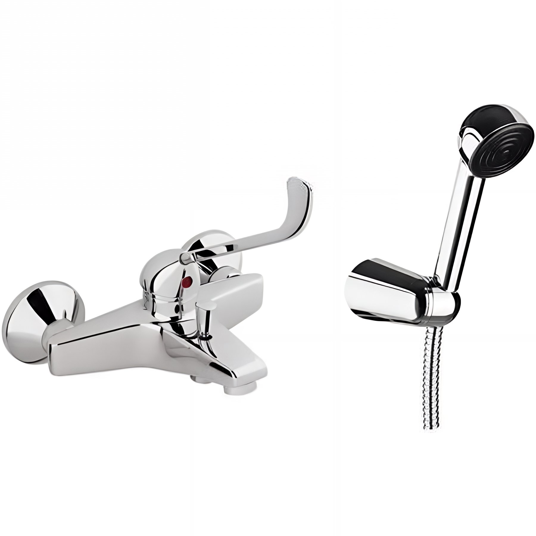 Pack mitigeur baignoire mural commande allongée PMR conforme normes handicapé SANINDUSA Easy chromé livré avec flexible douchette Mixa et support