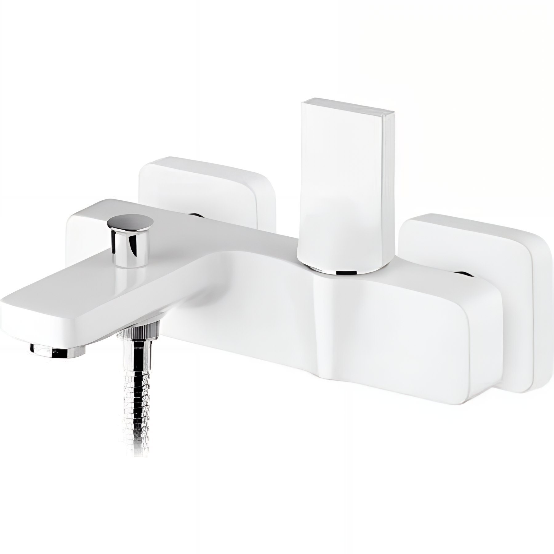 Mitigeur mural pour baignoire design plat épuré contemporain fonction douche SANINDUSA Line 42 blanc et chrome livré avec rosaces de finition