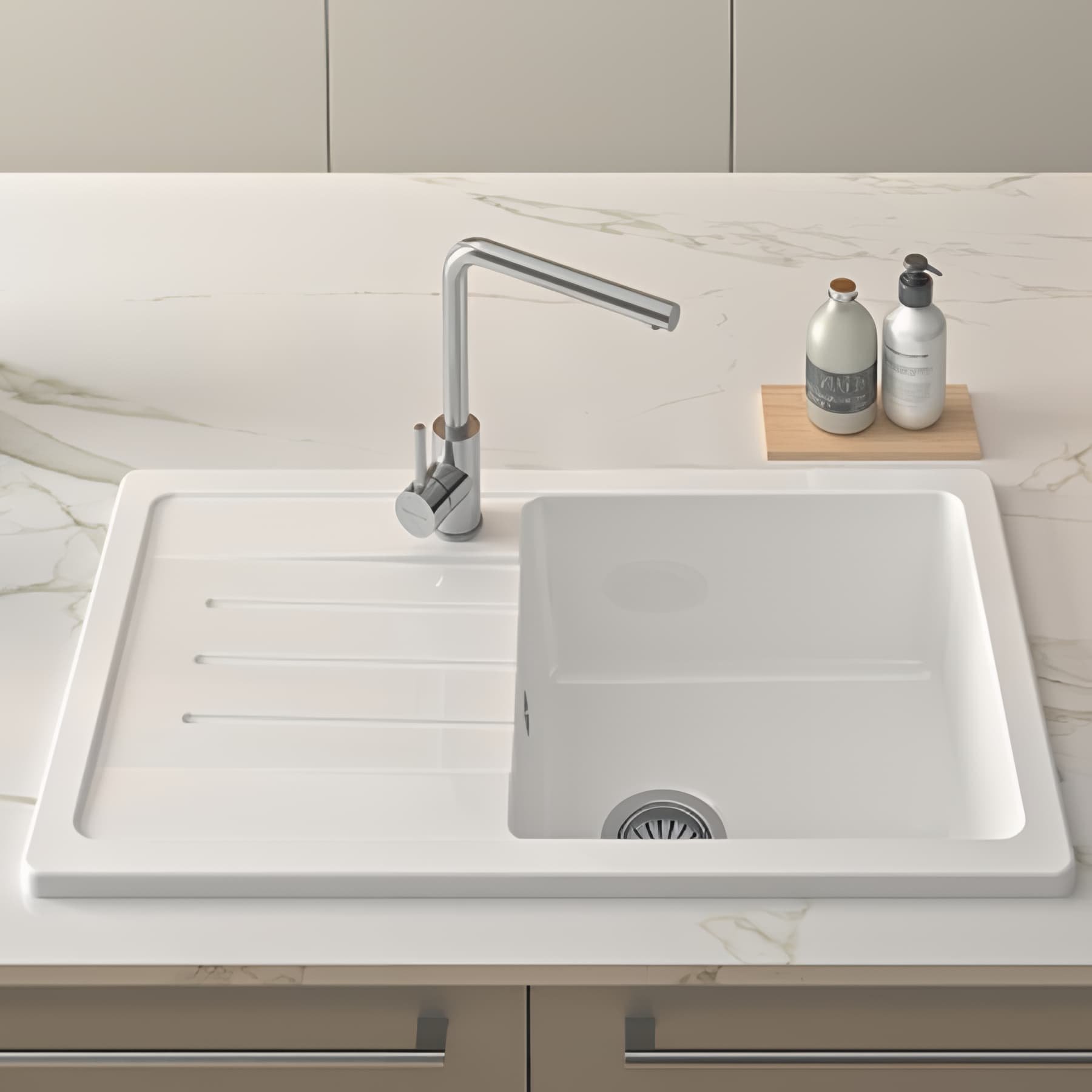 Évier 1 bac droite 1 égouttoir gauche non réversible à encastrer par dessus 85,7x50cm H 21,5cm grès fin SANINDUSA Reno XS blanc avec vidage