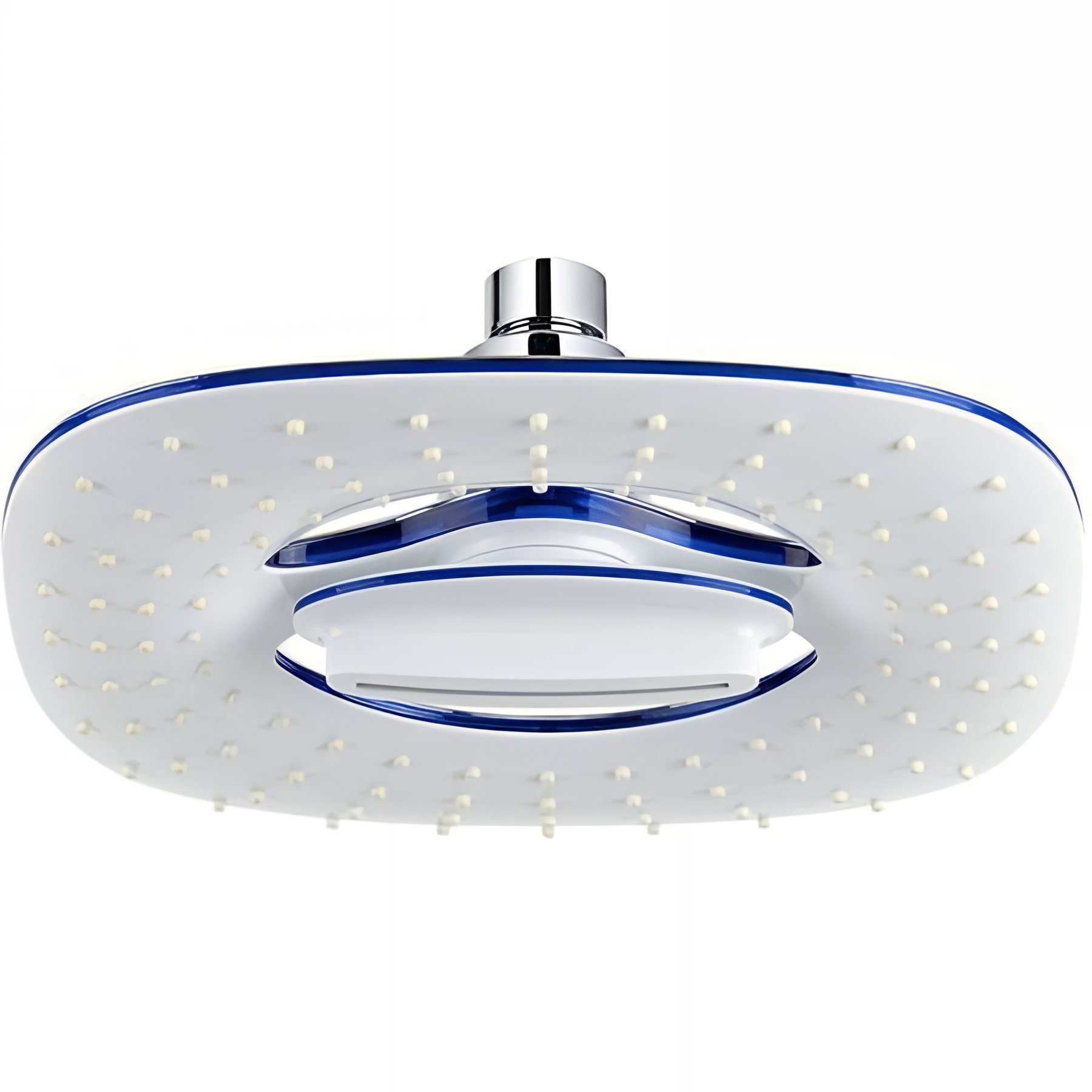 Pomme de douche haute carrée bords arrondis 20x20cm blanc chrome et lisré bleu sorties d'eau en silicone anti-calcaire SANINDUSA Enjoy chromé