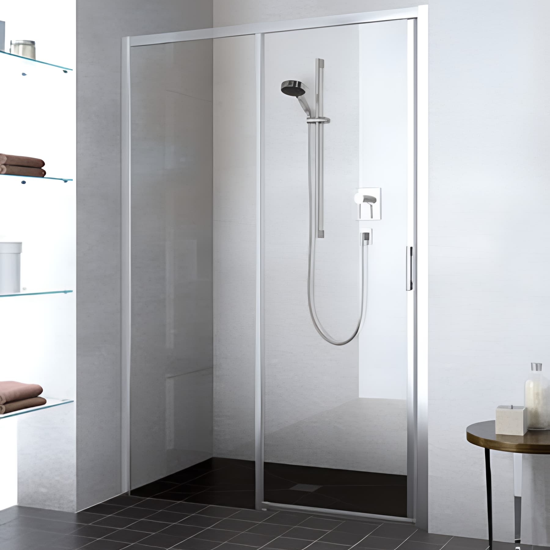 Paroi de douche coulissante largeur 113 cm hauteur 200 cm argent finition mat verre clair clean