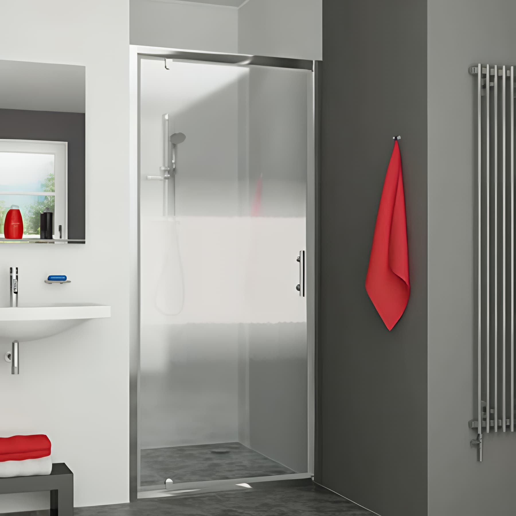 Paroi de douche pivotante largeur 100 cm hauteur 1,90m profilé argent poli verre serigraphié clean