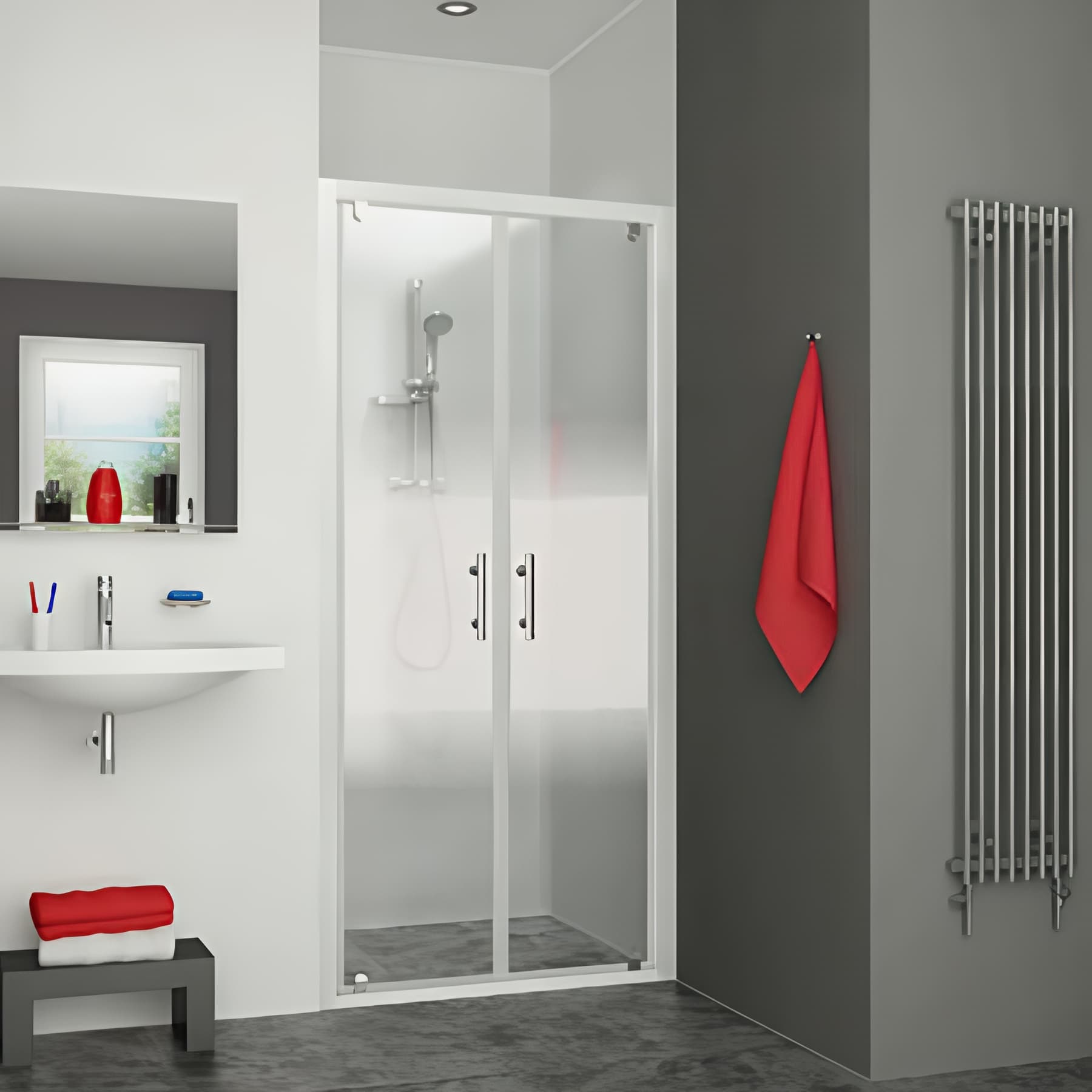 Paroi de douche 2 battants largeur 90cm hauteur 1,90m blanc verre serigraphié clean