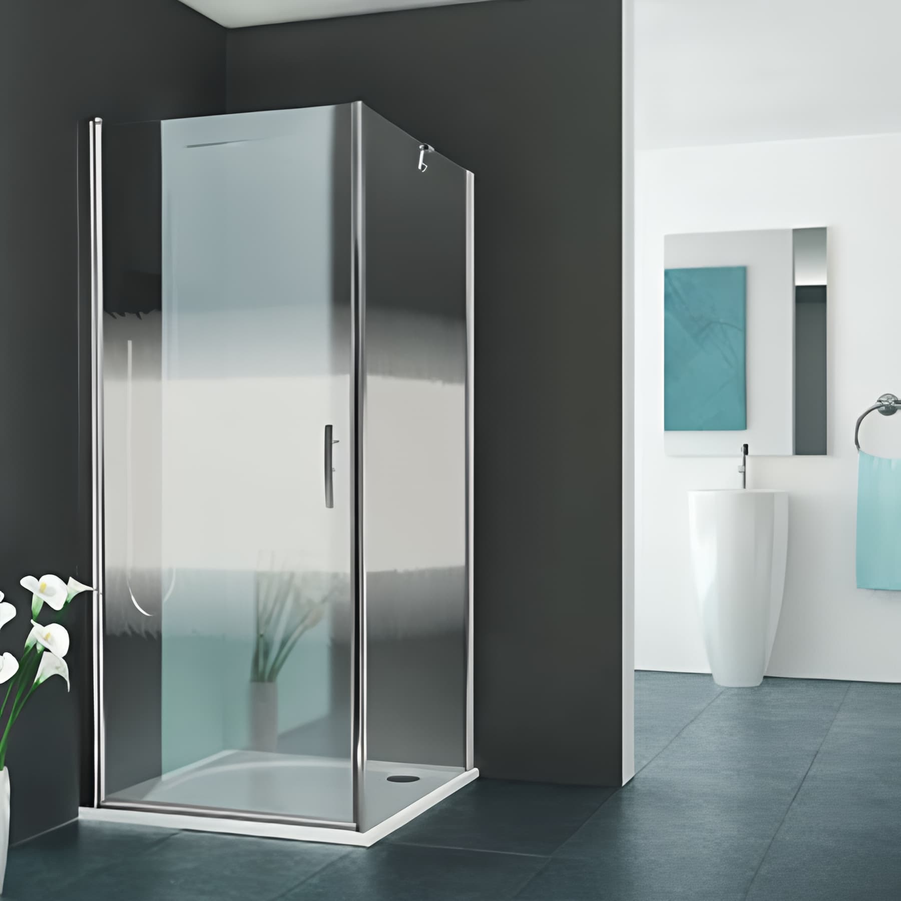 Paroi de douche fixe largeur 80cm hauteur 1,90m profilé argent poli verre serigraphié clean