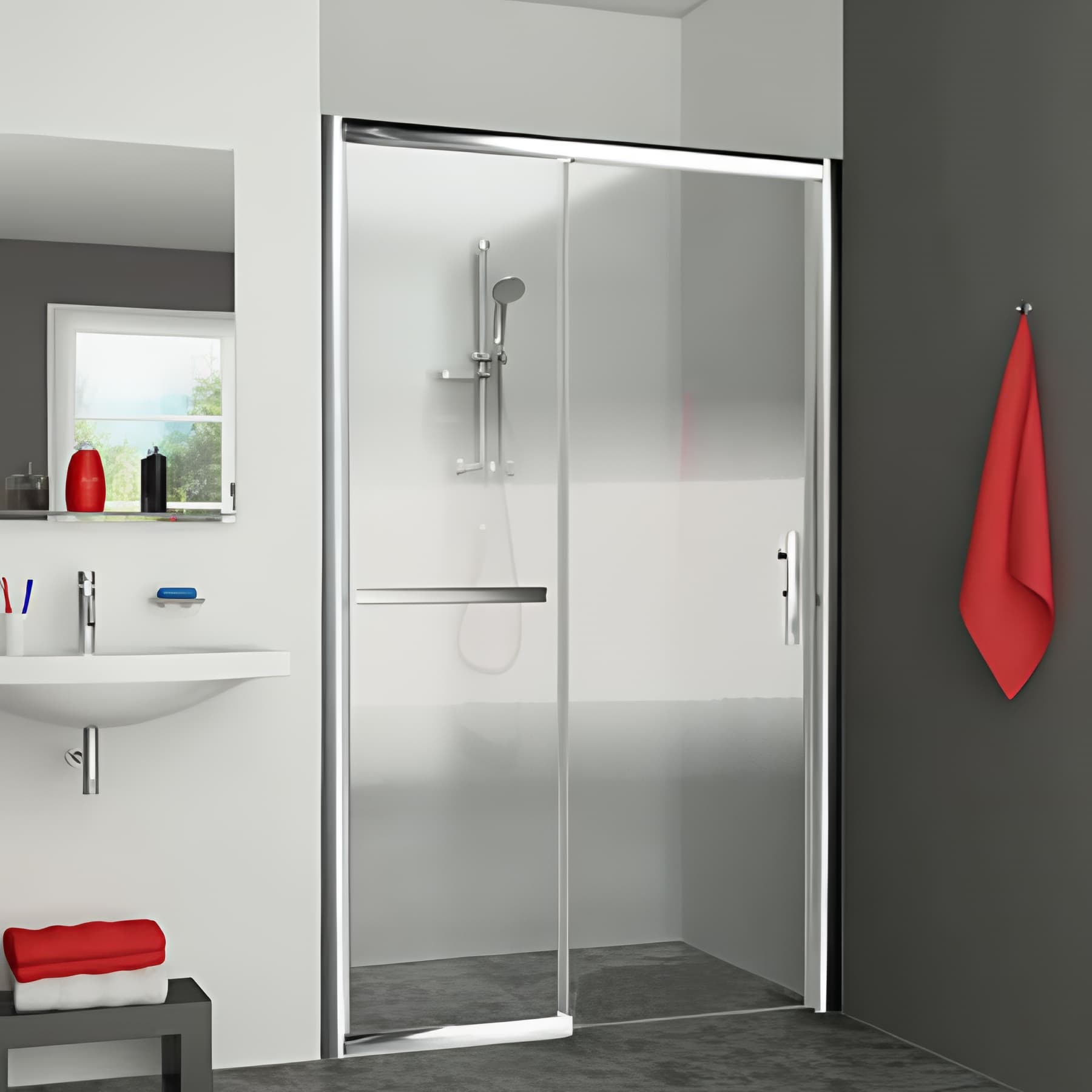 Paroi de douche coulissante largeur 160 cm hauteur 200 cm profilé argent poli verre serigraphié clean