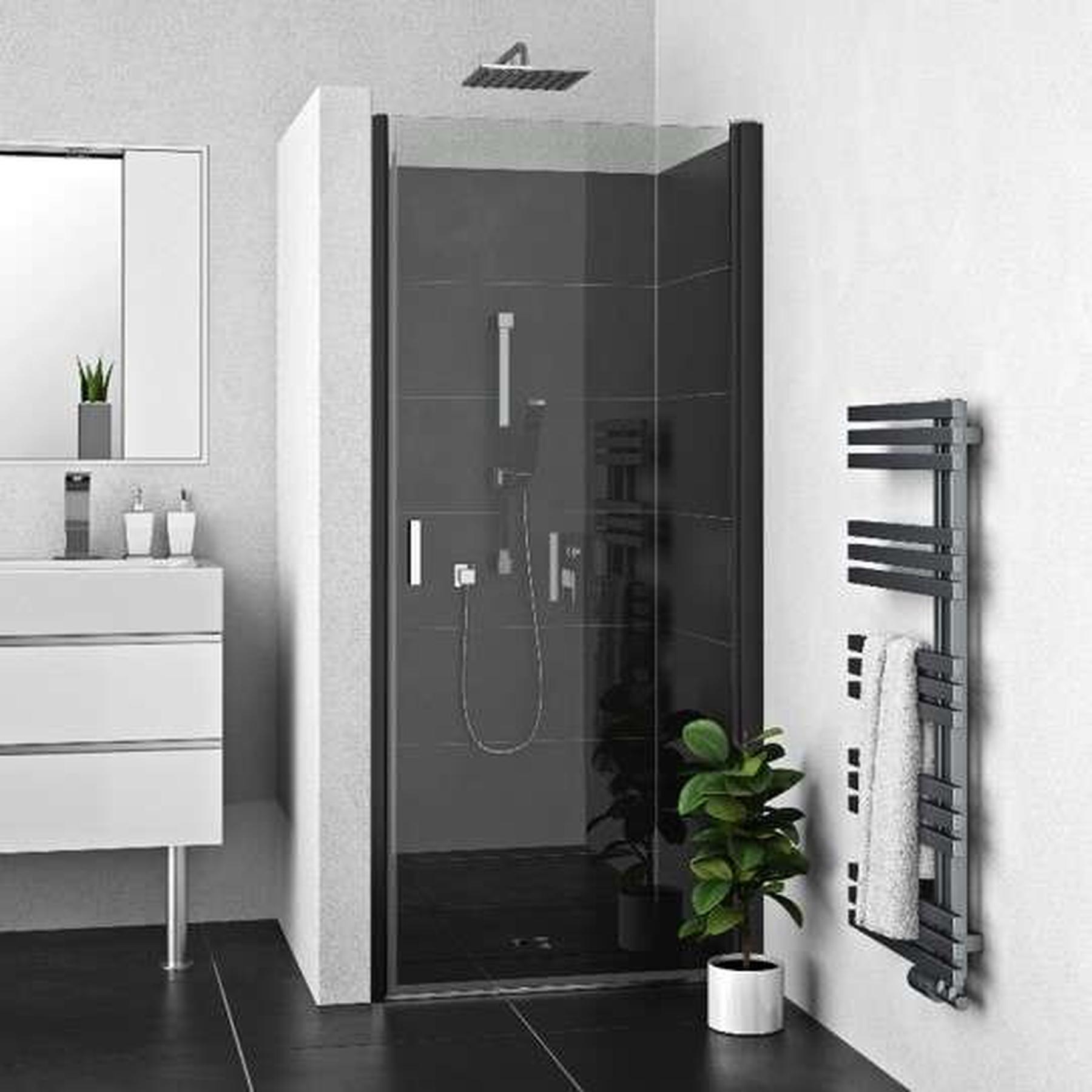 Porte pivotante ROTH ALMAPIV80 largeur 80cm hauteur 200 cm profilé noir verre clair anticalcaire