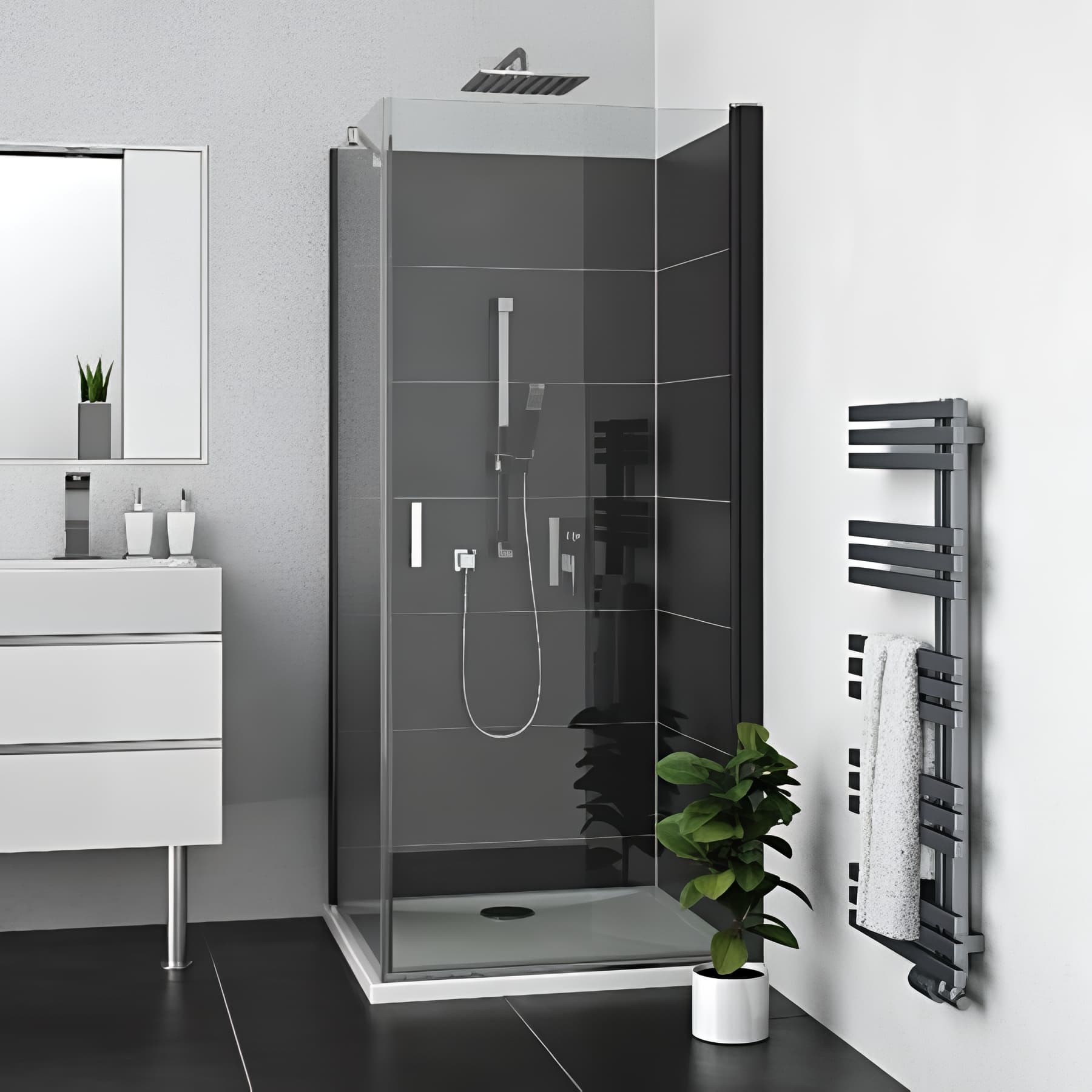 Paroi de douche fixe pour montage en angle largeur 80cm hauteur 200 cm profilé noir verre clair anticalcaire