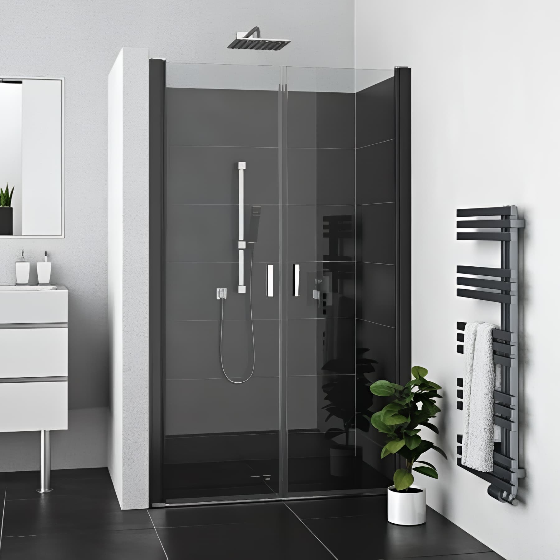 Porte à 2 battants largeur 100 cm hauteur 200 cm profilé noir verre clair anticalcaire