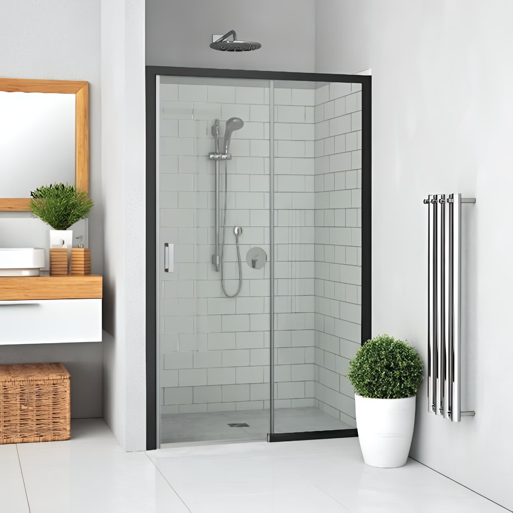 Porte coulissante 2 volets sans seuil élément fixe à droite largeur 140 cm hauteur 200 cm profilé noir verre clair anticalcaire