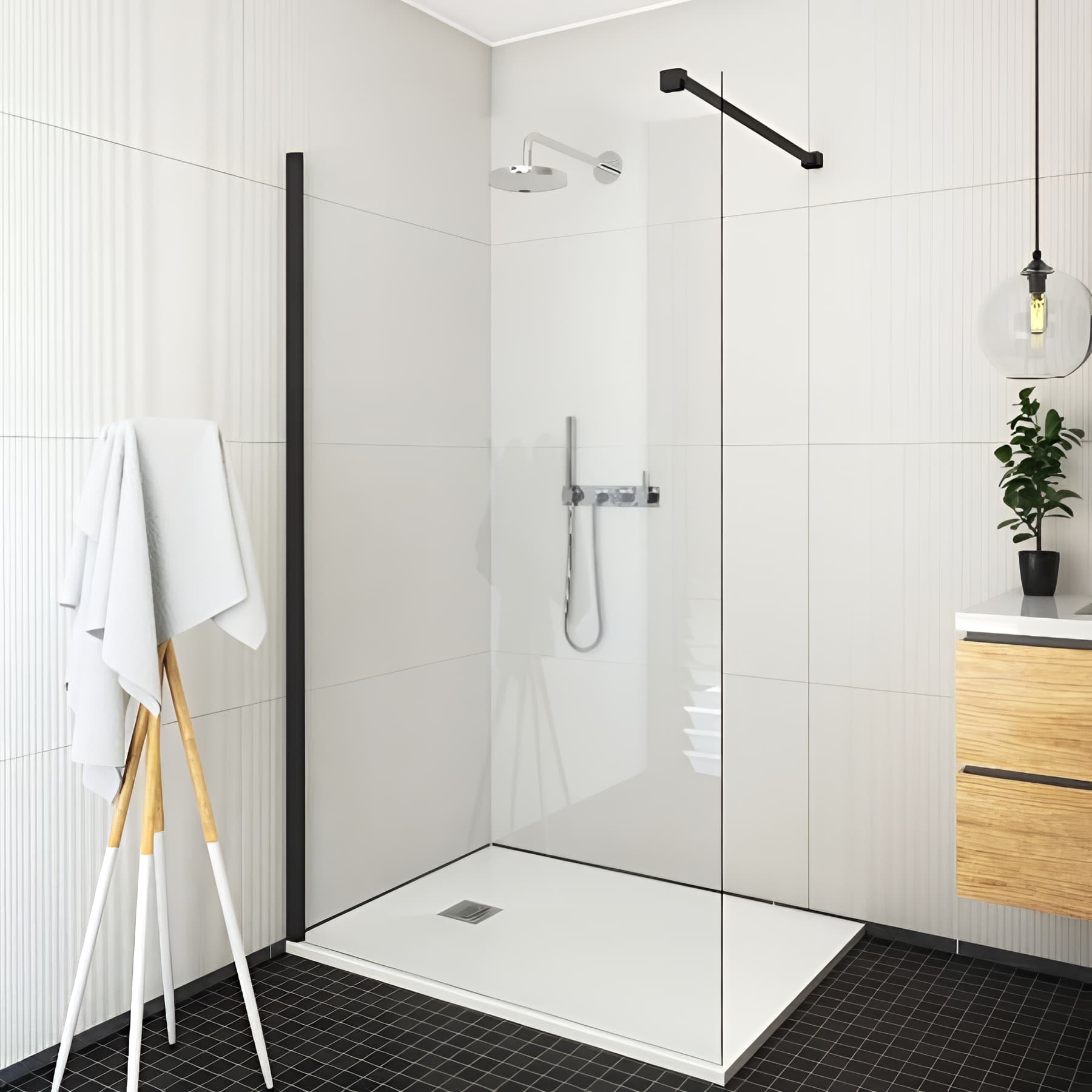 walk-in Wall largeur 90cm hauteur 200 cm profilé noir verre clair anticalcaire