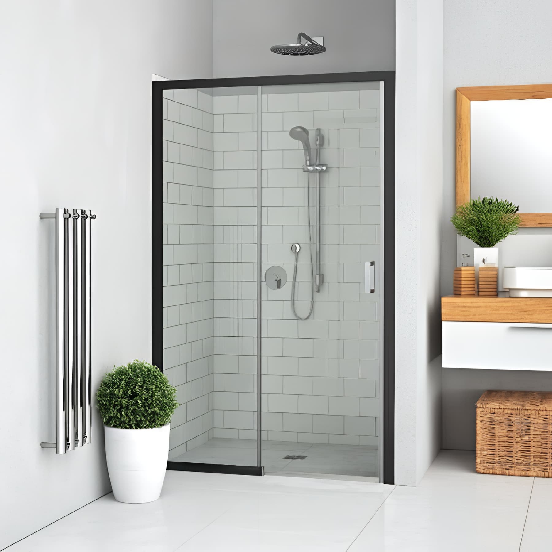 Porte coulissante 2 volets sans seuil élément fixe à gauche largeur 120 cm hauteur 200 cm profilé noir verre clair anticalcaire