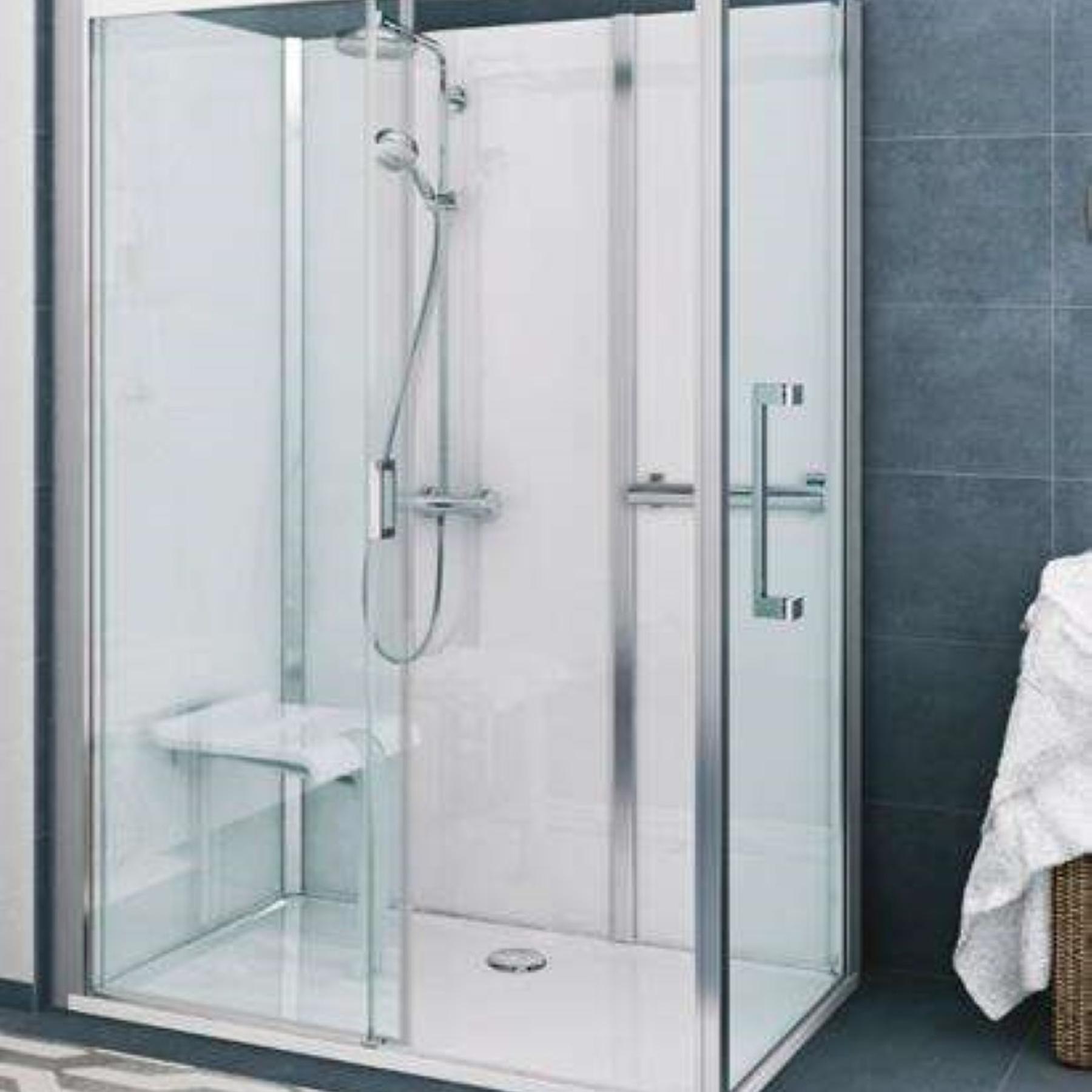 Cabine de douche ROTH VINATA COMFORT version haute en angle largeur 136 cm largeur 87,7cm blanc verre clair déperlant