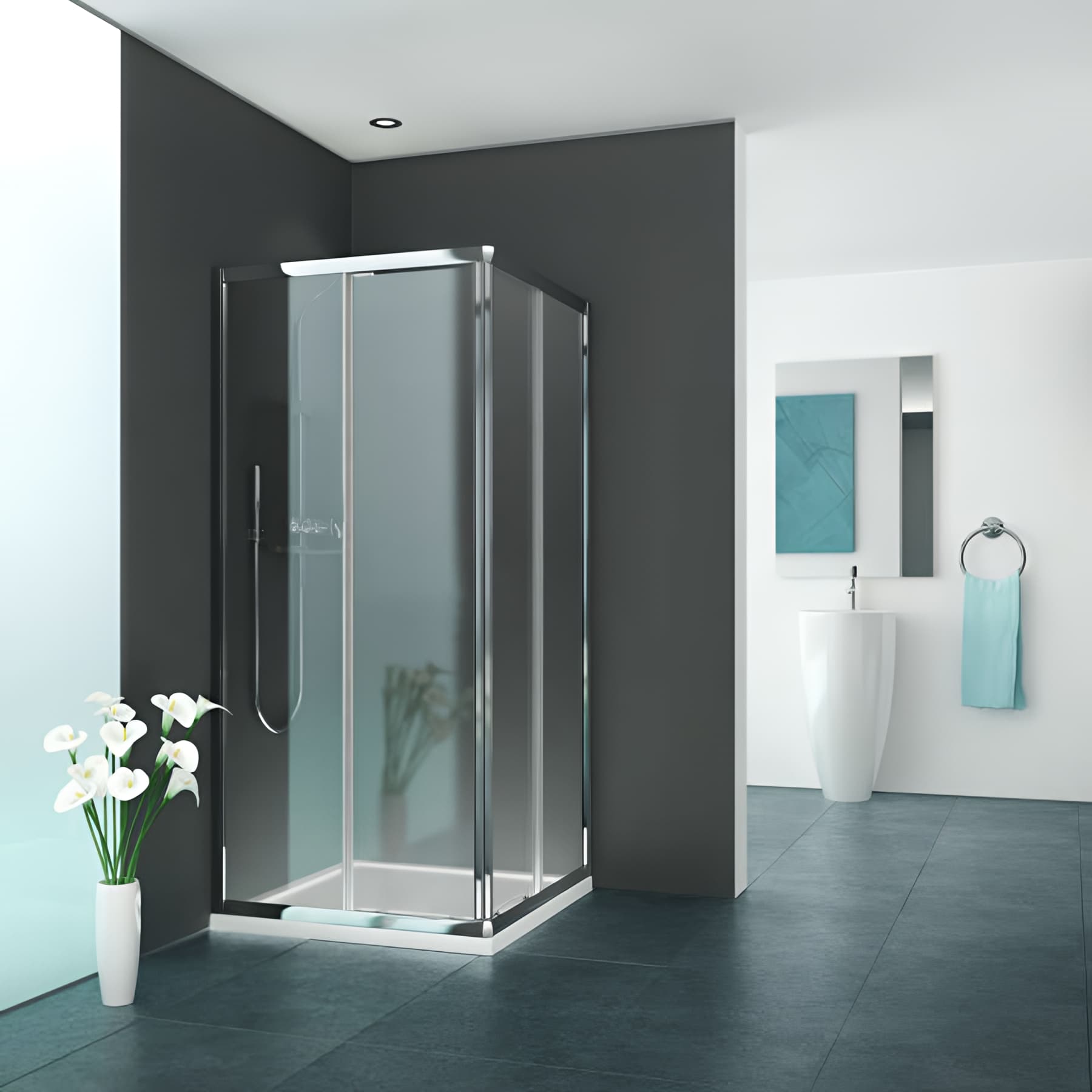 Paroi de douche angle coulissante largeur 70cm hauteur 1,90m profilé argent poli verre clair clean