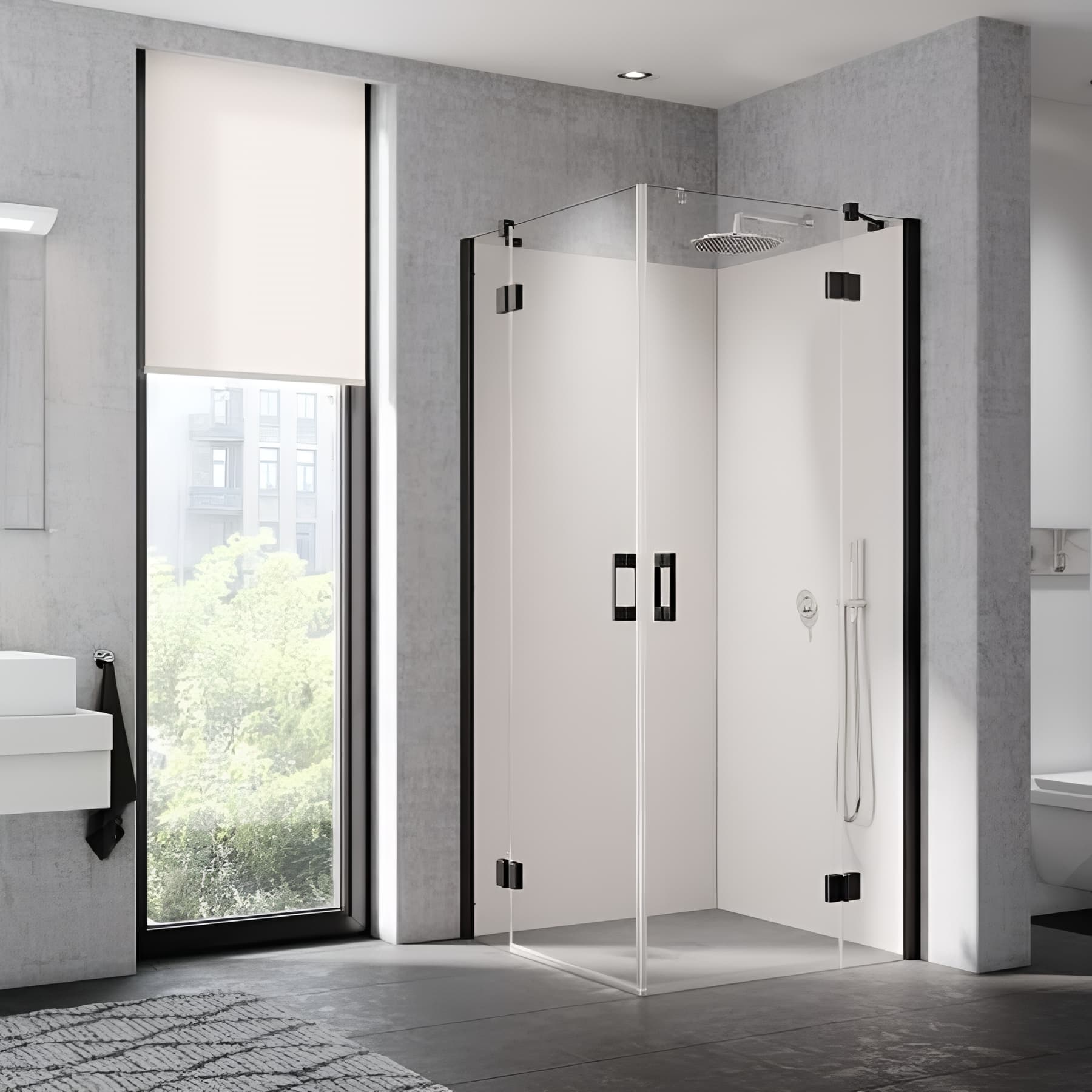 Demi paroi de douche angle pivotante largeur 100 cm hauteur 200 cm profilé noir soft verre clair clean