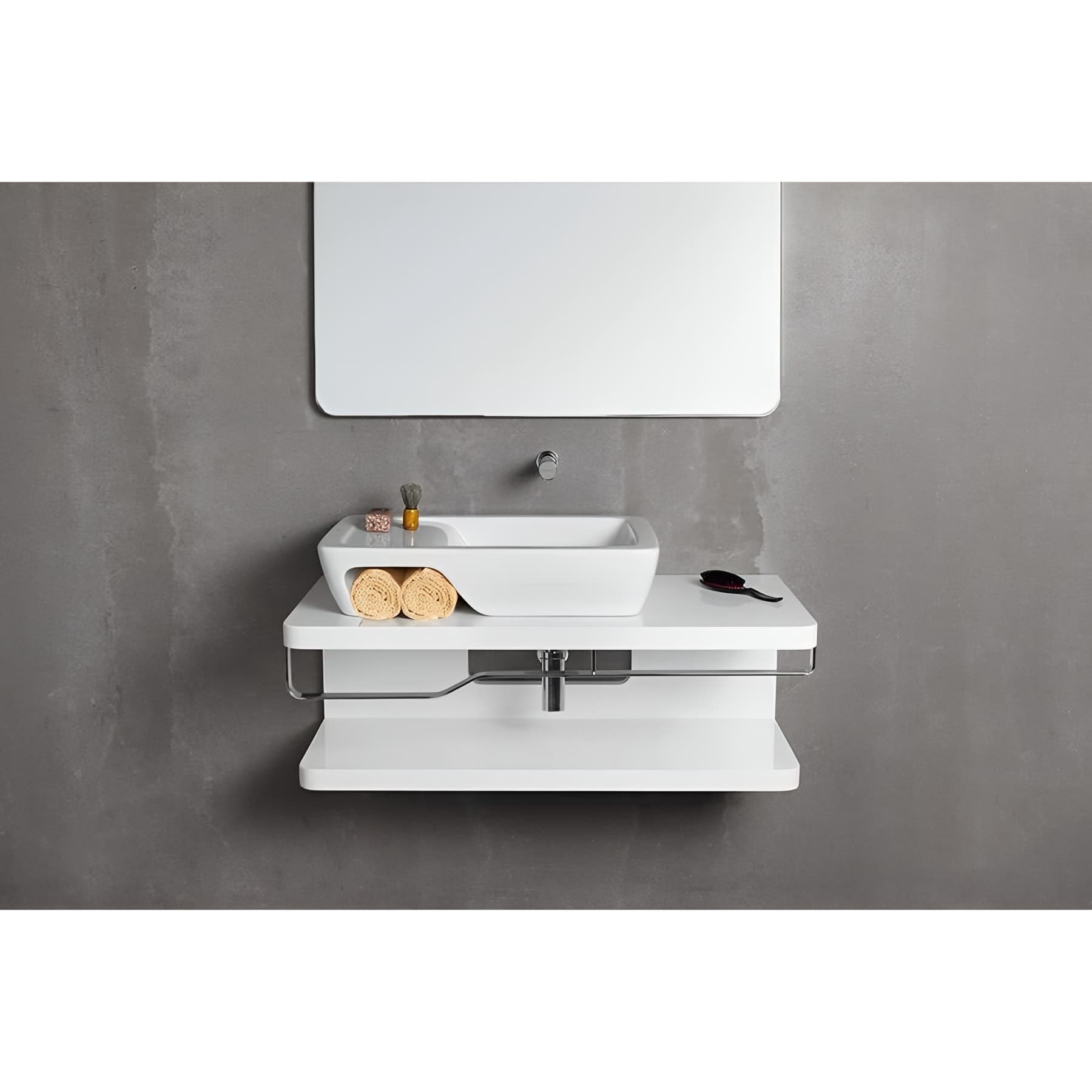 Plan de toilette à 2 niveaux pré-percé pour vasque ou lavabo à poser SANINDUSA HI-dden 100 blanc (vasque et porte serviette non inclus)