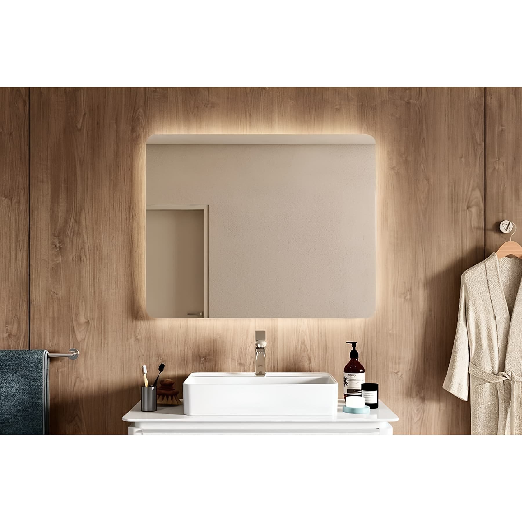 Miroir de salle de bain bords arrondis anti-buée et rétro-éclairage LED 18W 30.000h SANINDUSA Sanlife 100x80