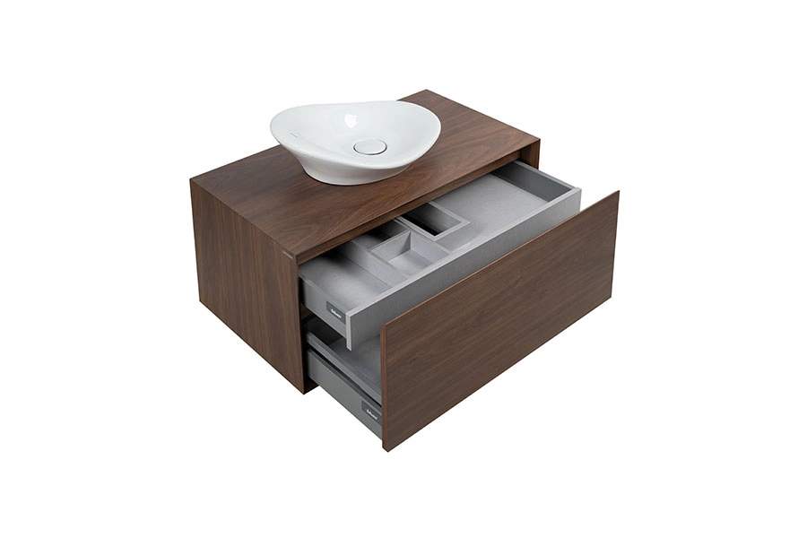 Meuble de salle de bains suspendu 1 maxi tiroir fermeture ralentie+organiseurs SANINDUSA View 90x45 trou central pour vidage d'usine couleur noyer