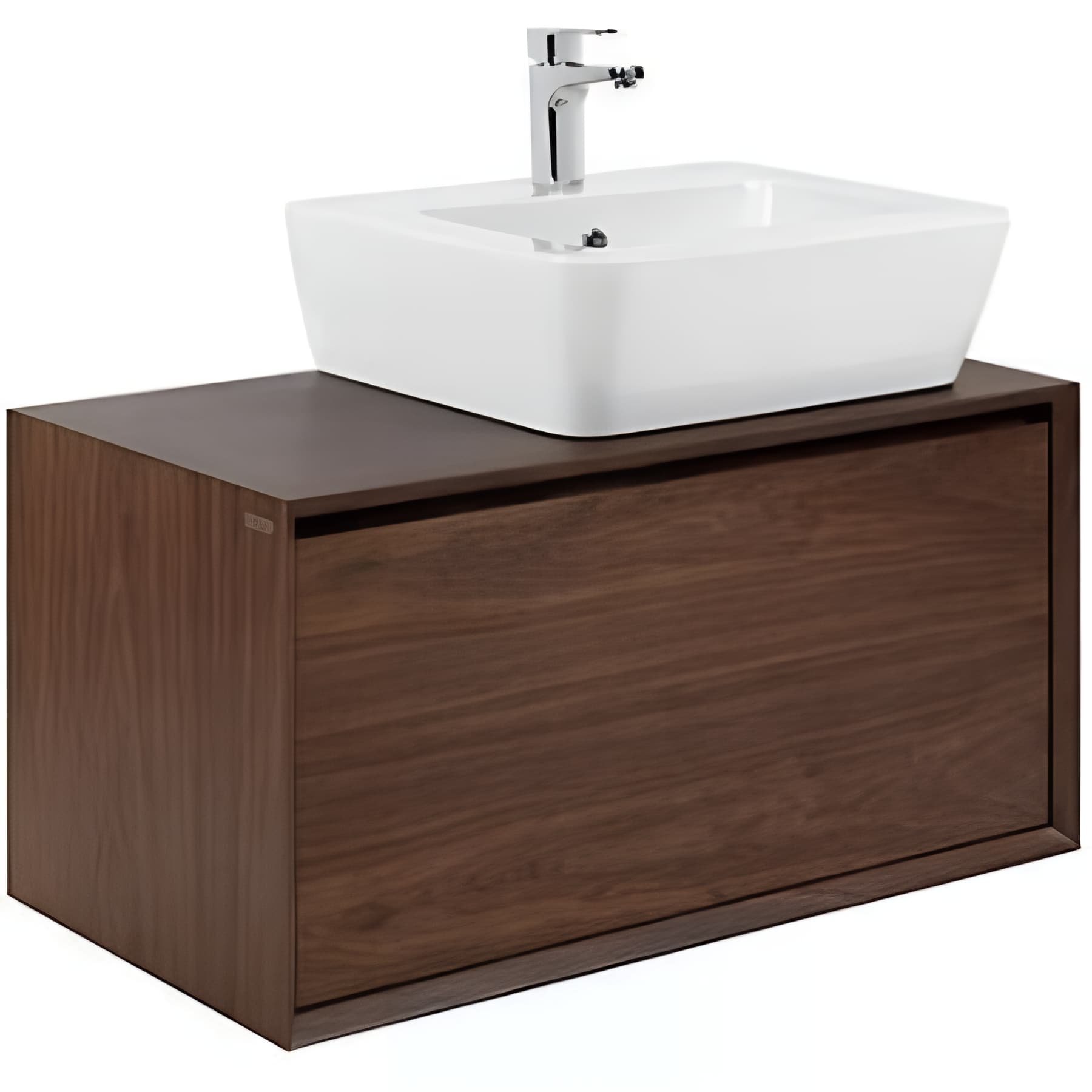 Meuble de salle de bains suspendu 2 tiroirs fermeture ralentie+organiseurs SANINDUSA View 90x45 trou pour vidage d'usine à droite couleur noyer