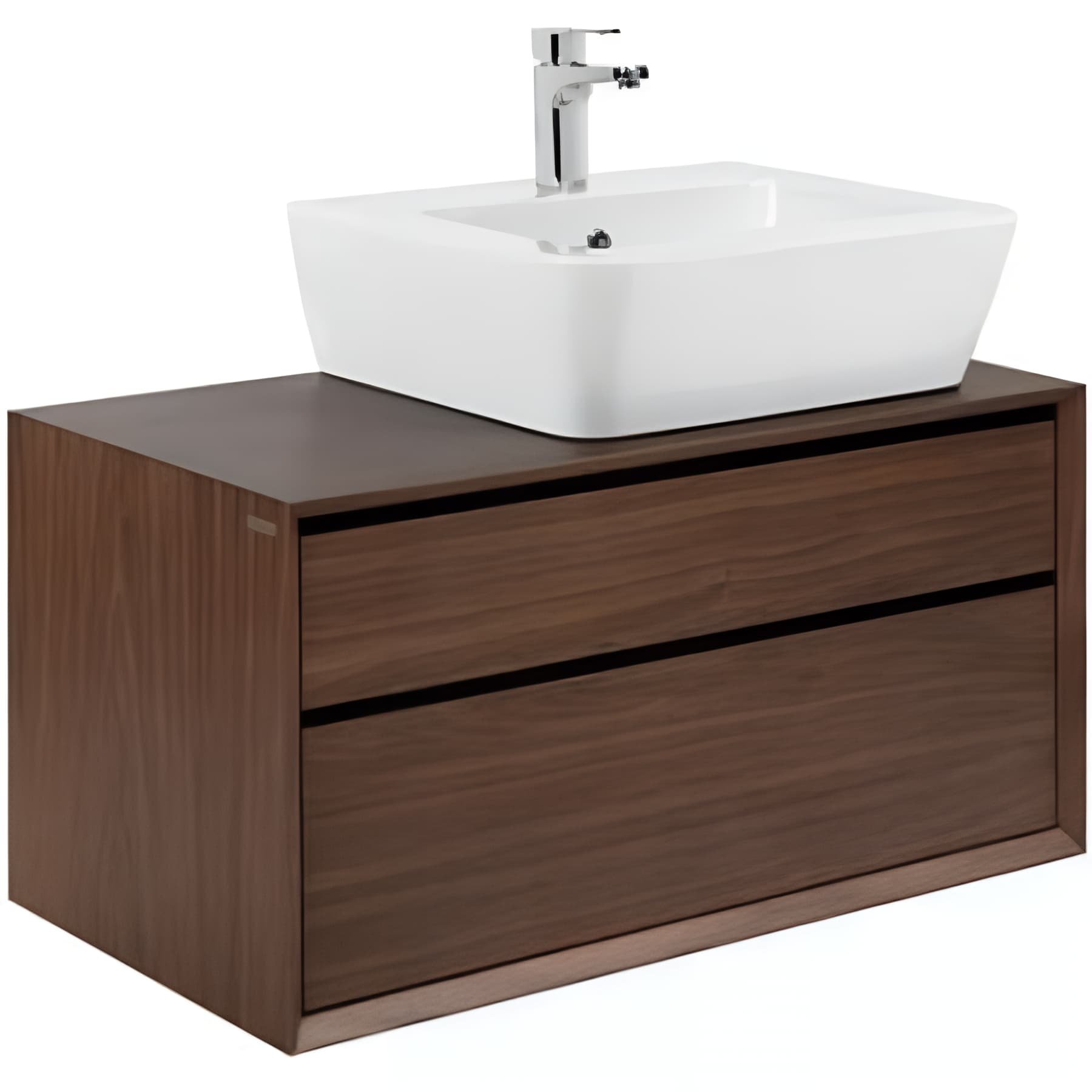 Meuble de salle de bains suspendu 2 tiroirs fermeture ralentie+organiseur SANINDUSA View 90x48 trou pour vidage à droite couleur noyer