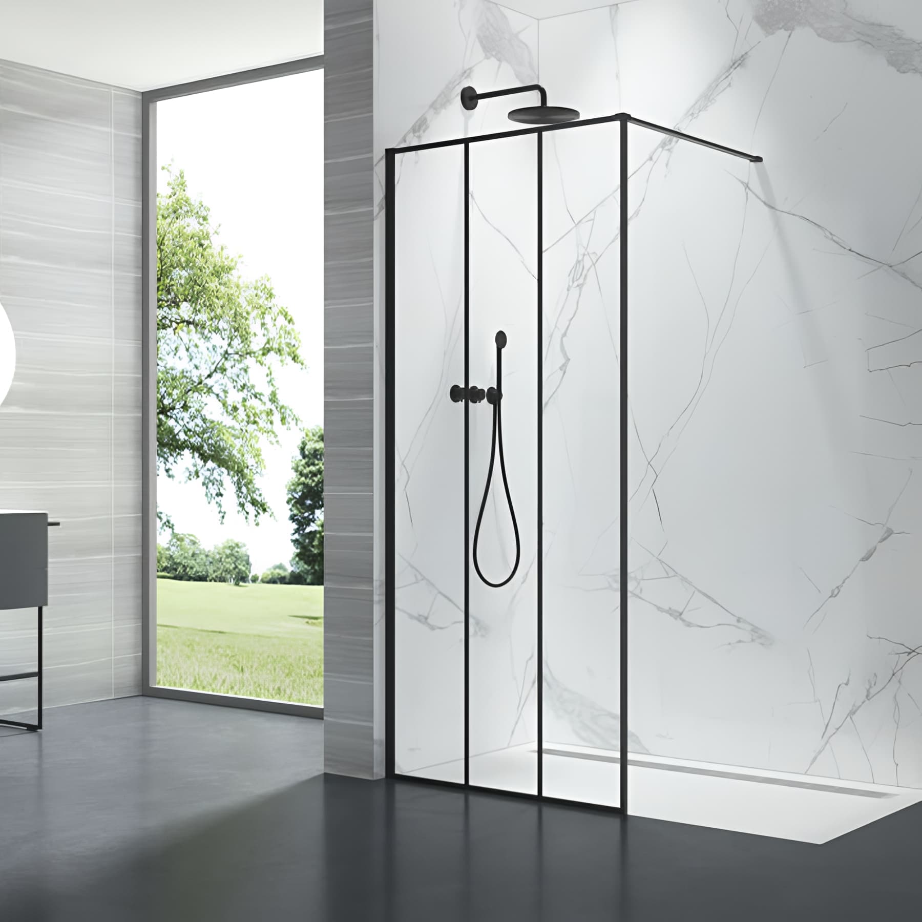 Paroi de douche verrière 3 panneaux largeur 90cm hauteur 200 cm profilé noir verre clair clean