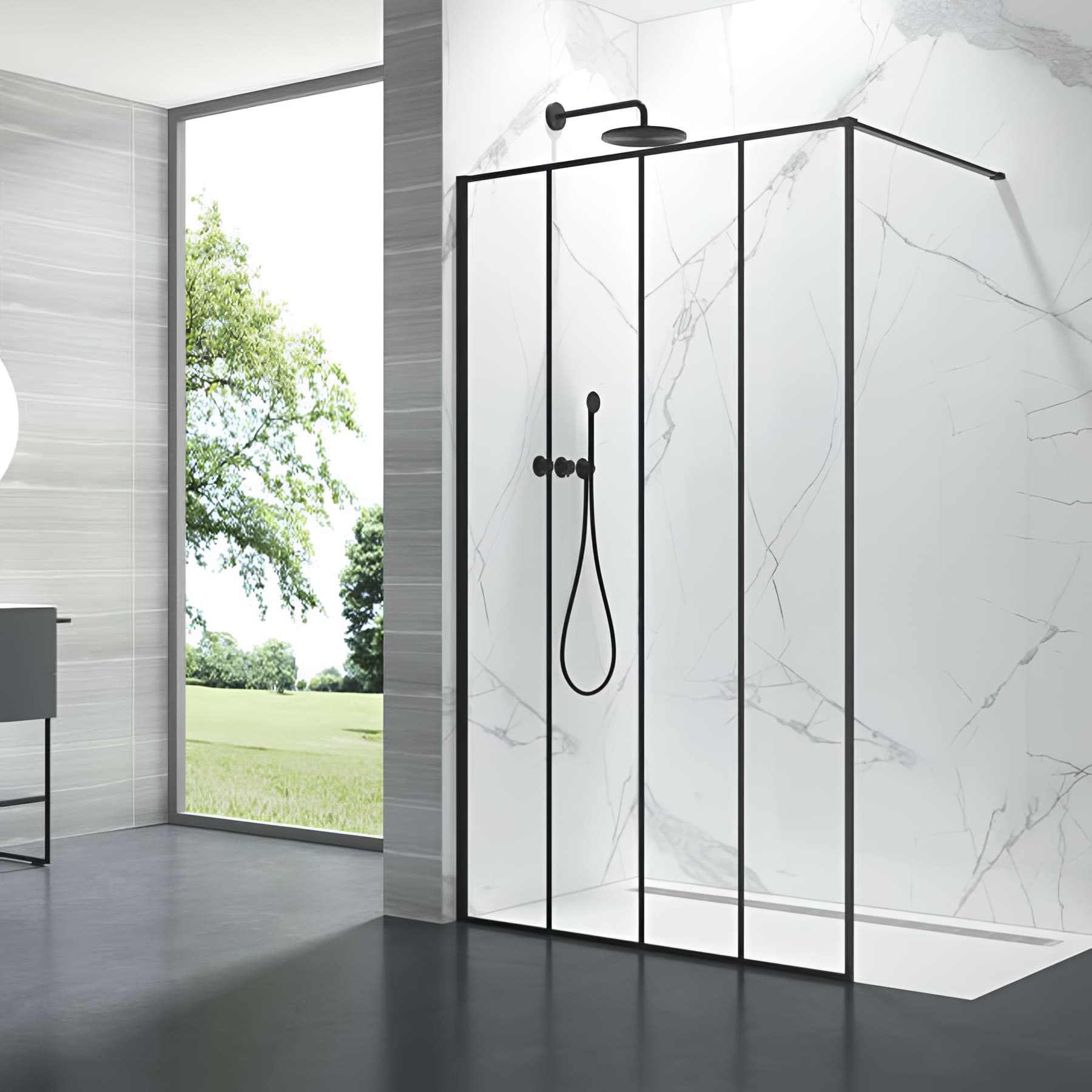 Paroi de douche verrière 4 panneaux largeur 120 cm hauteur 200 cm profilé noir verre clair clean